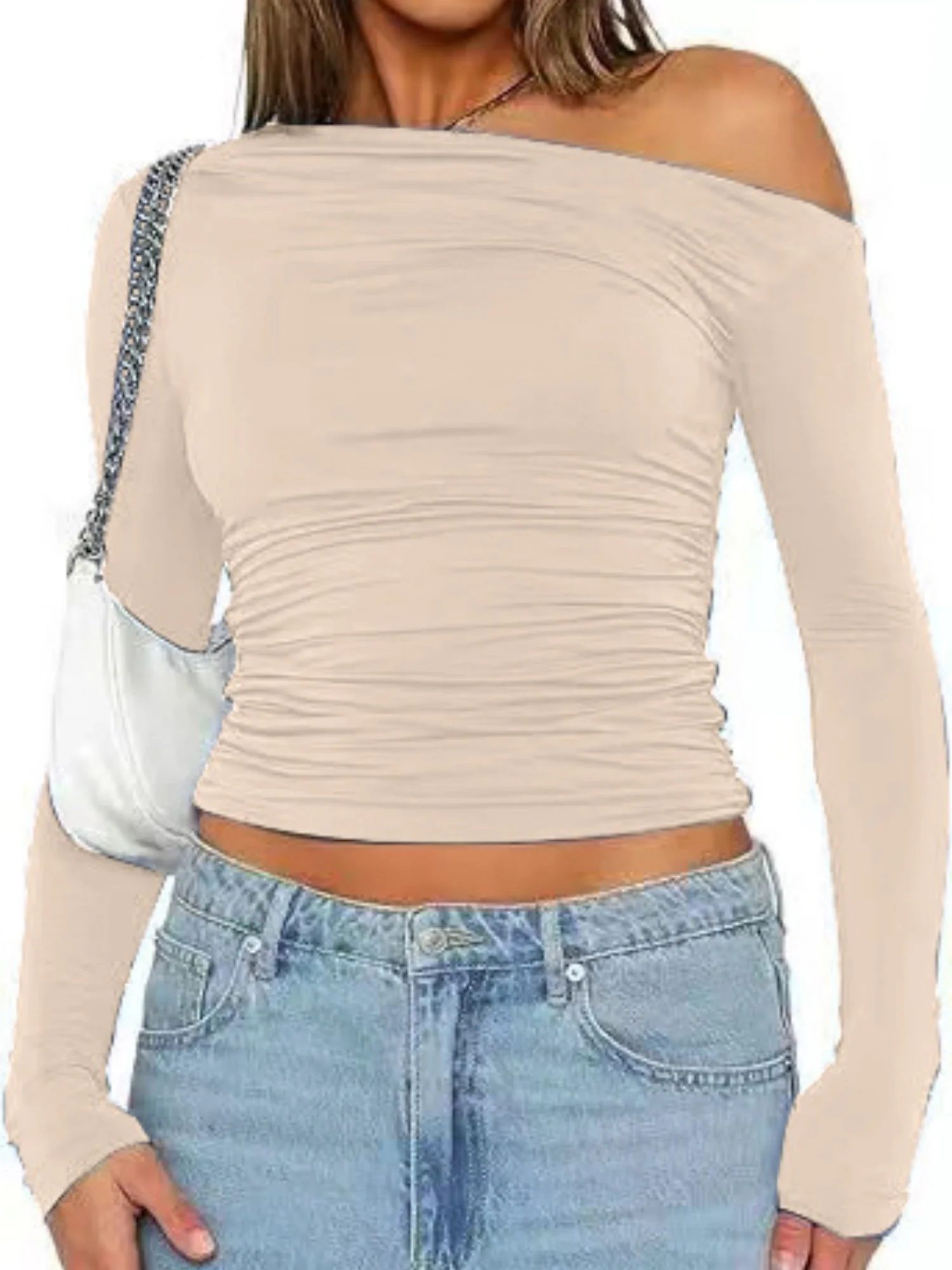 Y2K Asymmetrical Sloping Shoulders Crop Top Long Sleeves T-shirts - Image 7