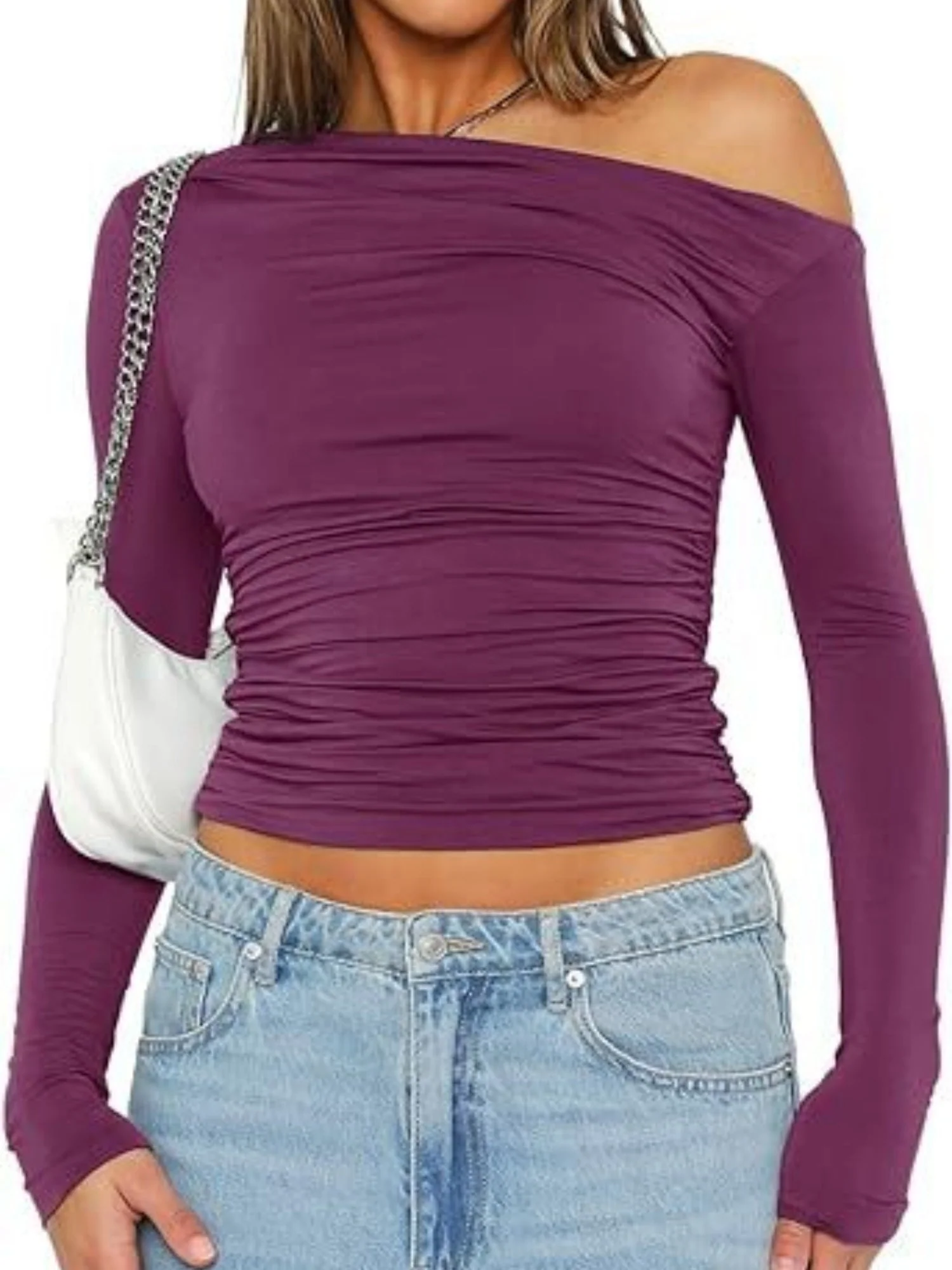 Y2K Asymmetrical Sloping Shoulders Crop Top Long Sleeves T-shirts - Image 9