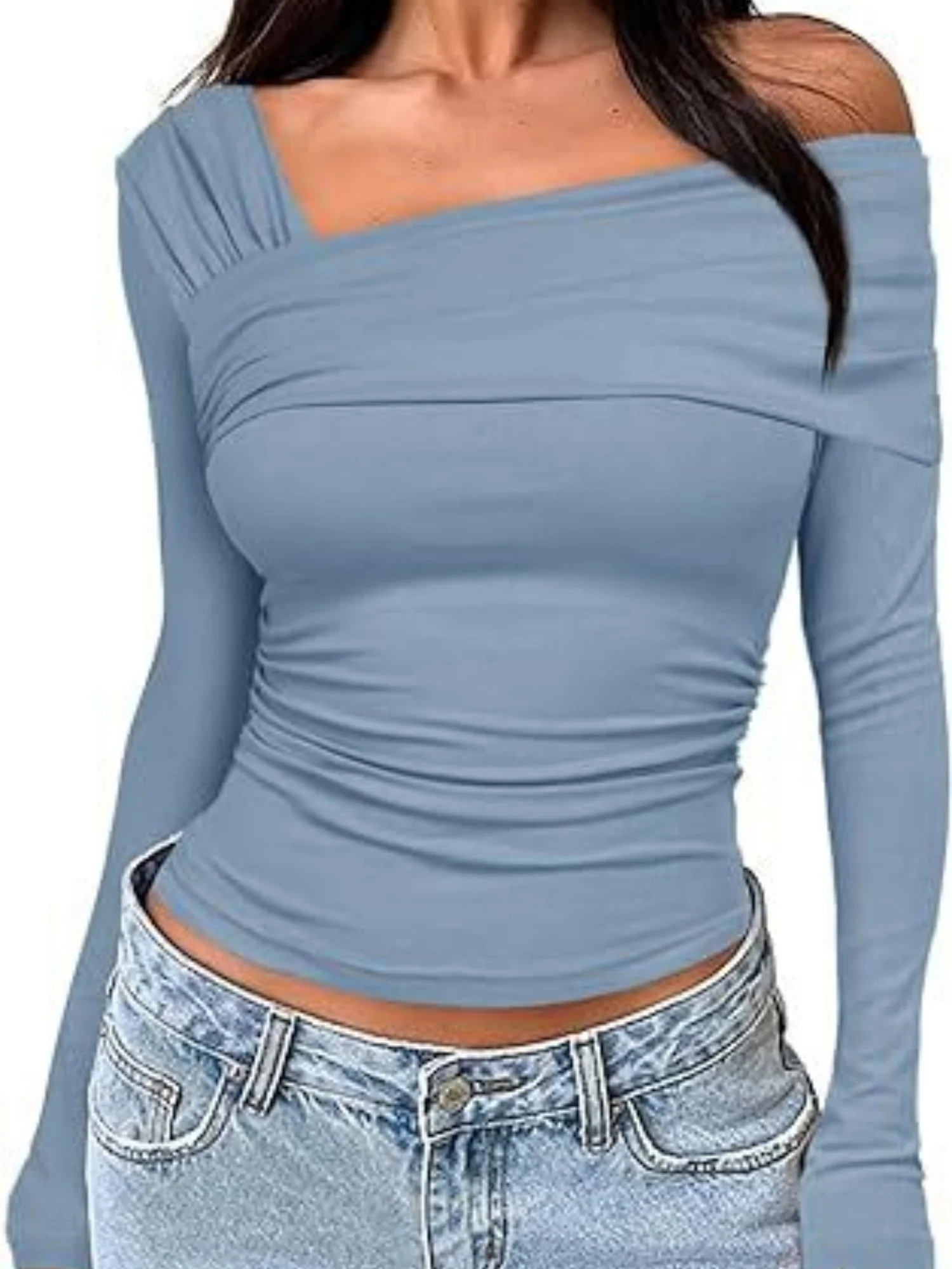 Y2K Pleated Slim Fit One-shoulder Long Sleeve T-shirts - Image 2
