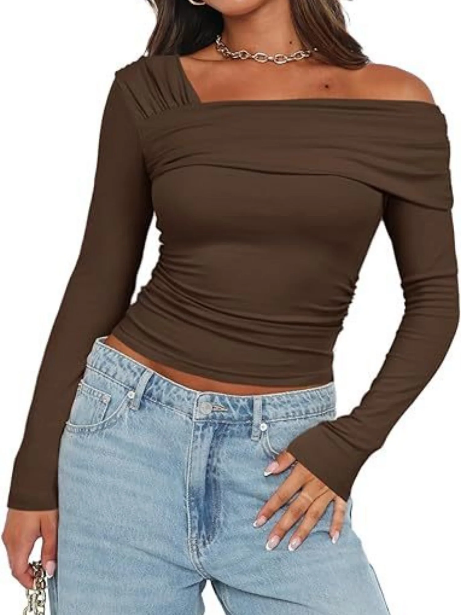Y2K Pleated Slim Fit One-shoulder Long Sleeve T-shirts - Image 6
