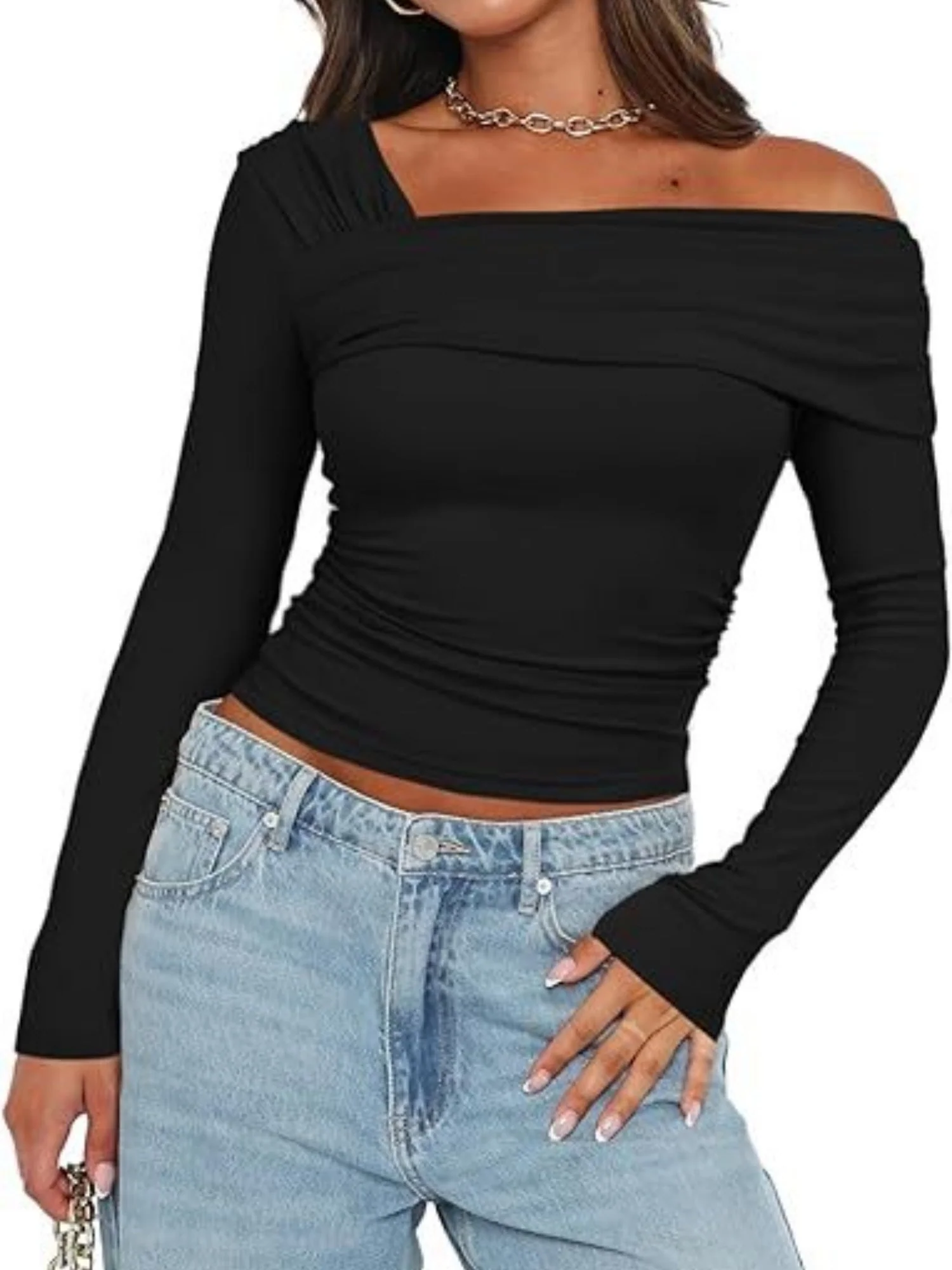 Y2K Pleated Slim Fit One-shoulder Long Sleeve T-shirts - Image 7