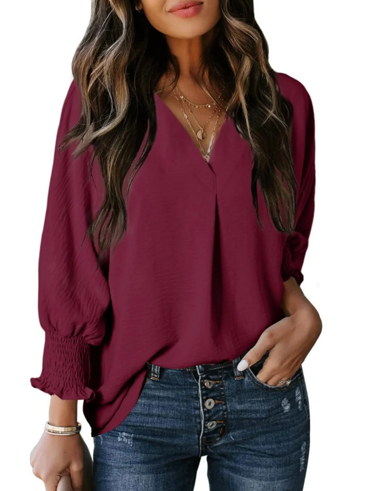 V-neck Long Sleeve Roll Up The Cuffs Shirt T-shirts - Image 4