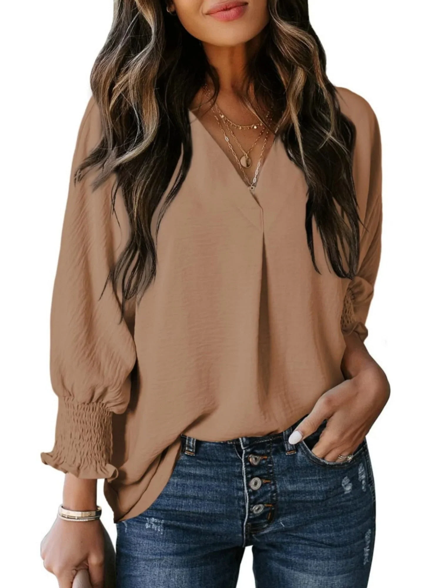V-neck Long Sleeve Roll Up The Cuffs Shirt T-shirts - Image 7