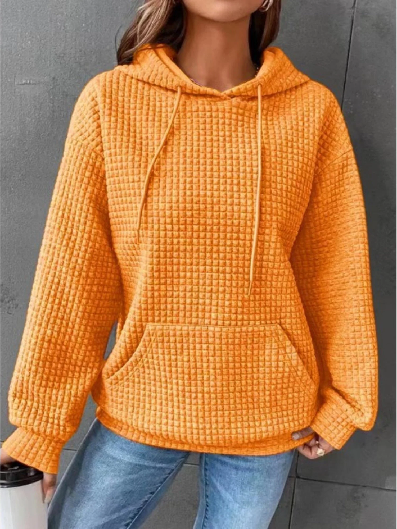 Waffle Drawstring Pocket Round Neck Long Sleeve Hoodie - Image 10