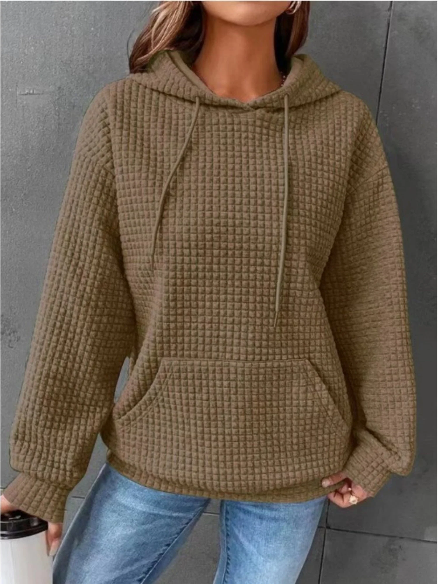 Waffle Drawstring Pocket Round Neck Long Sleeve Hoodie - Image 11