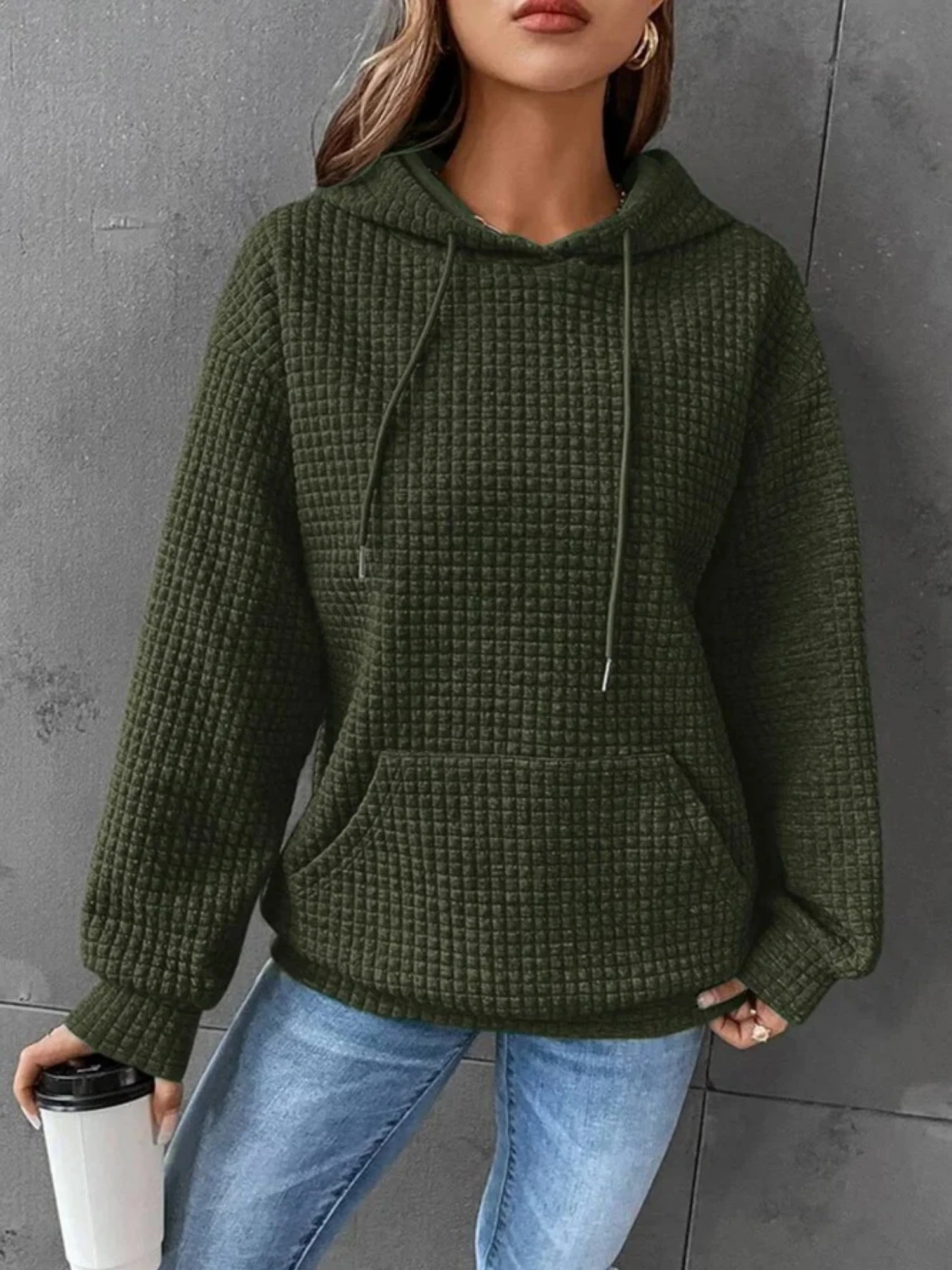 Waffle Drawstring Pocket Round Neck Long Sleeve Hoodie - Image 12