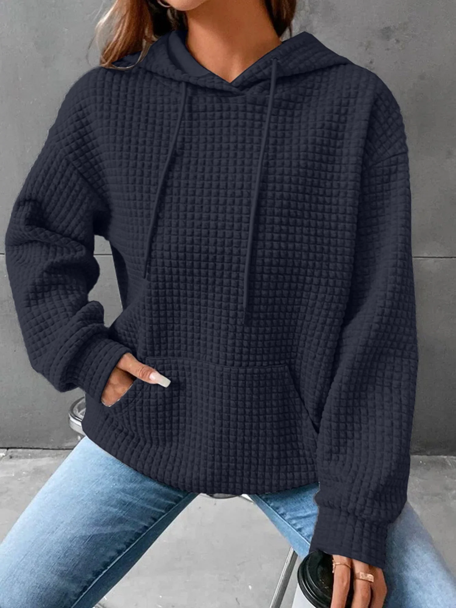 Waffle Drawstring Pocket Round Neck Long Sleeve Hoodie - Image 13