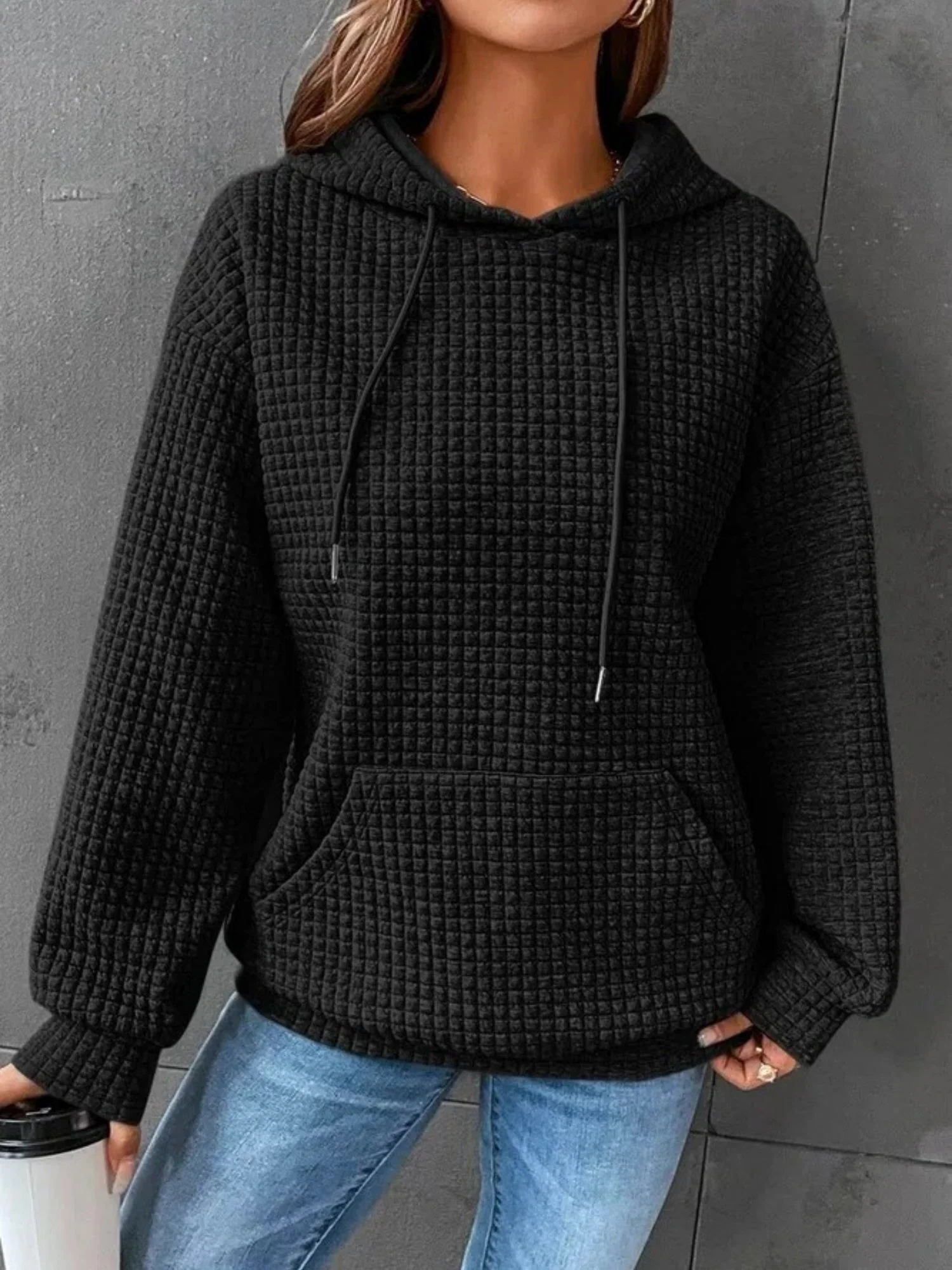Waffle Drawstring Pocket Round Neck Long Sleeve Hoodie - Image 14