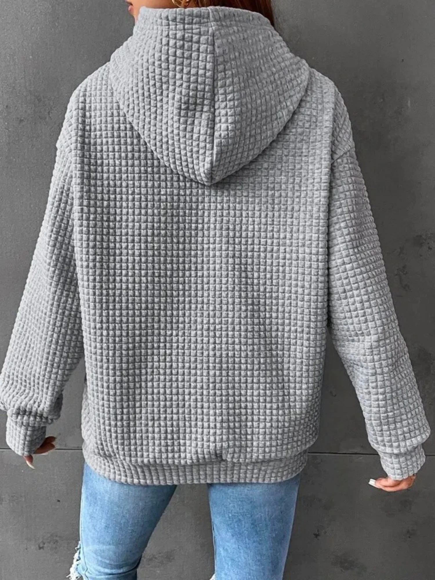 Waffle Drawstring Pocket Round Neck Long Sleeve Hoodie - Image 2