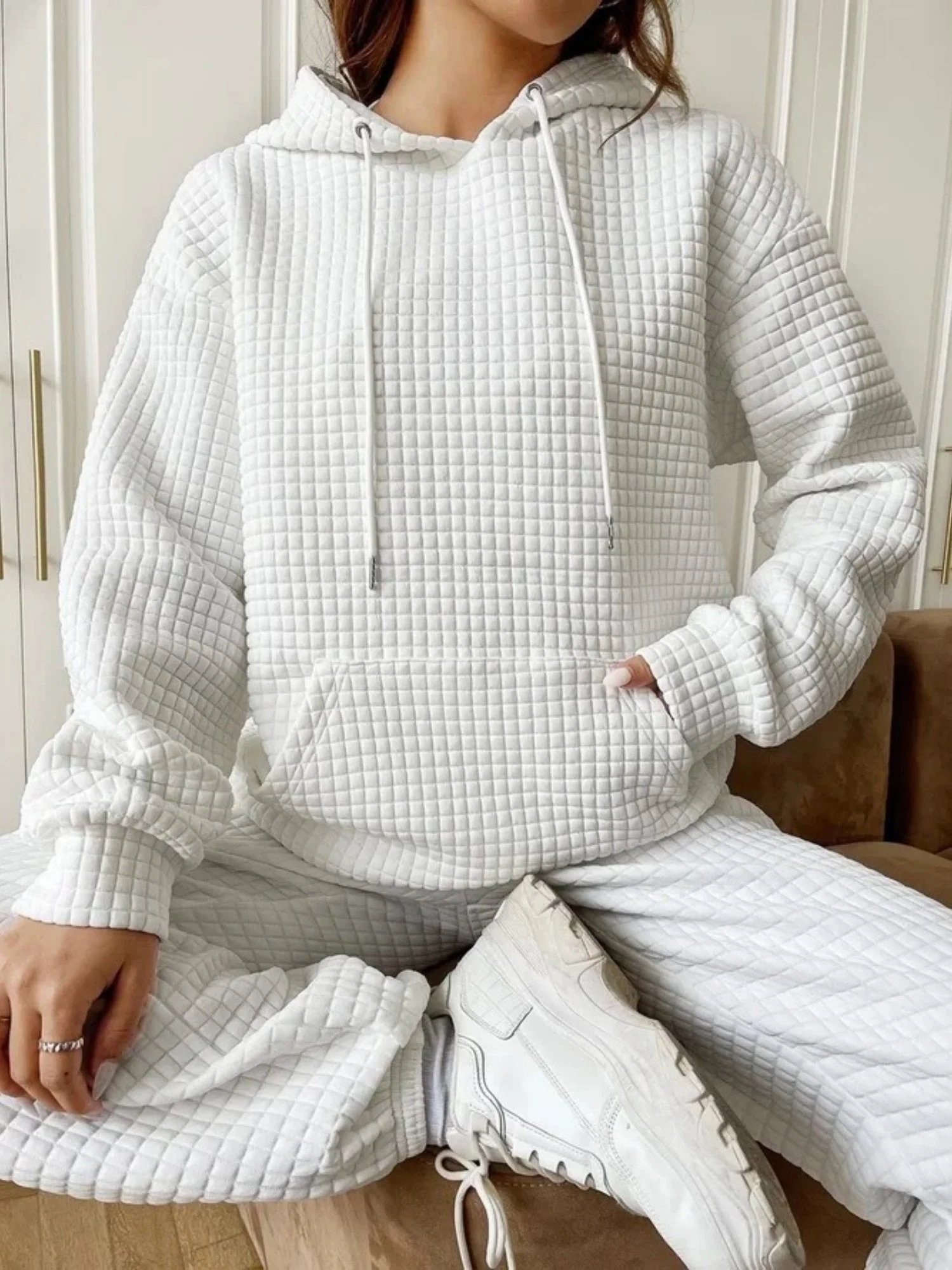 Waffle Drawstring Pocket Round Neck Long Sleeve Hoodie - Image 3