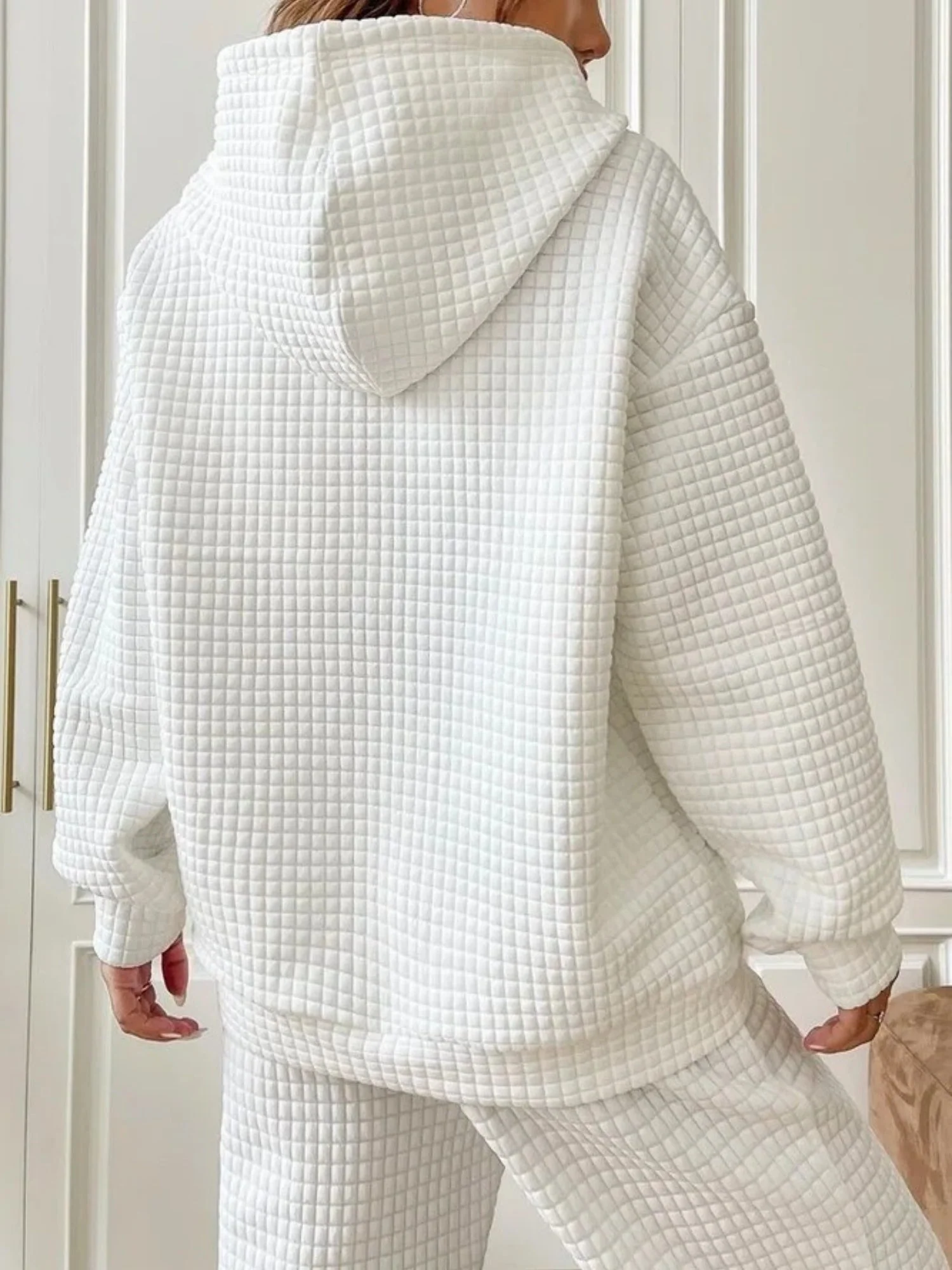 Waffle Drawstring Pocket Round Neck Long Sleeve Hoodie - Image 4