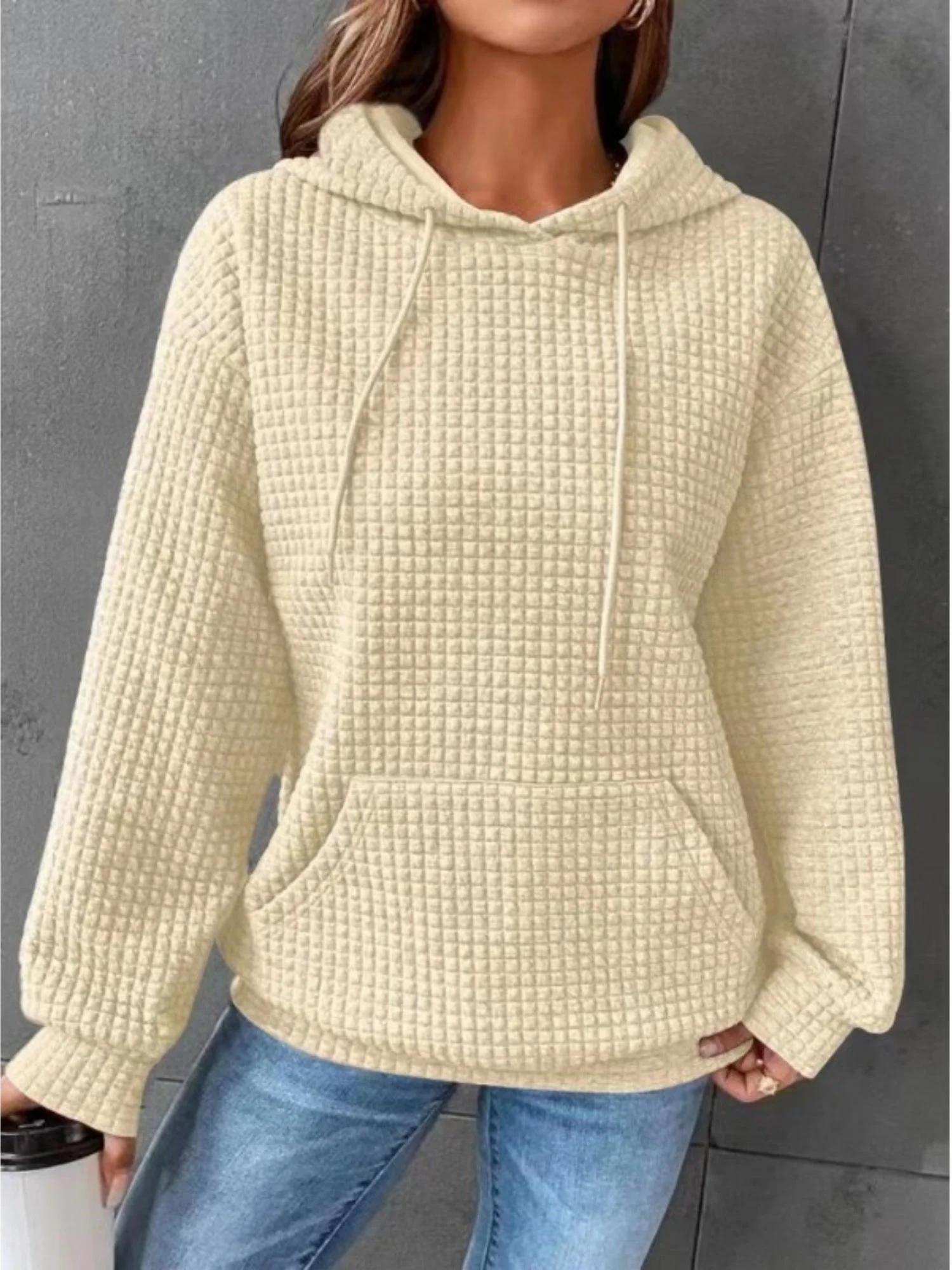 Waffle Drawstring Pocket Round Neck Long Sleeve Hoodie - Image 5