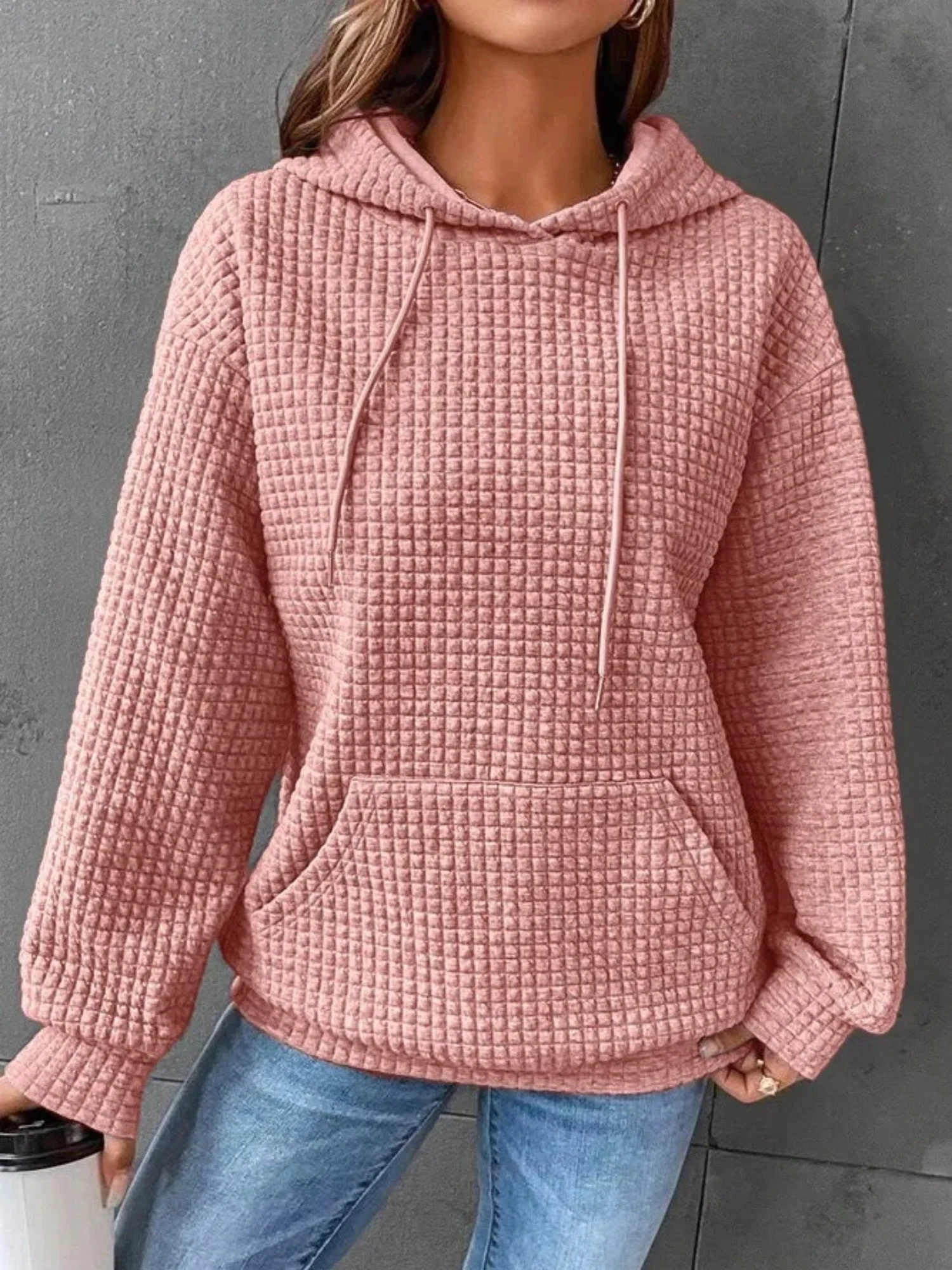 Waffle Drawstring Pocket Round Neck Long Sleeve Hoodie - Image 6