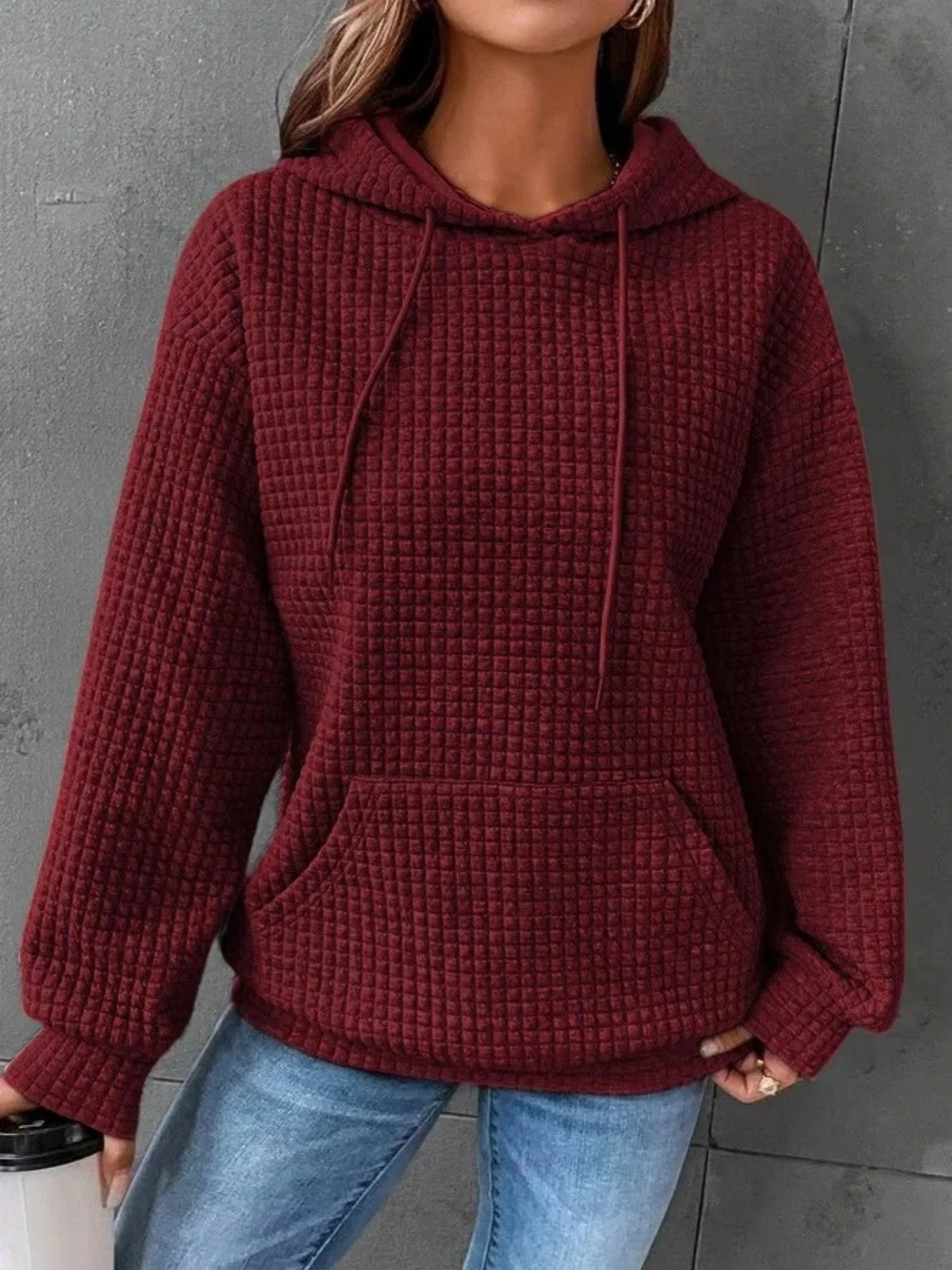 Waffle Drawstring Pocket Round Neck Long Sleeve Hoodie - Image 7