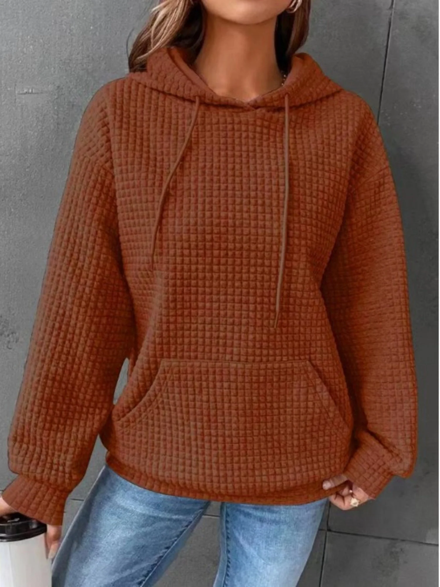 Waffle Drawstring Pocket Round Neck Long Sleeve Hoodie - Image 8