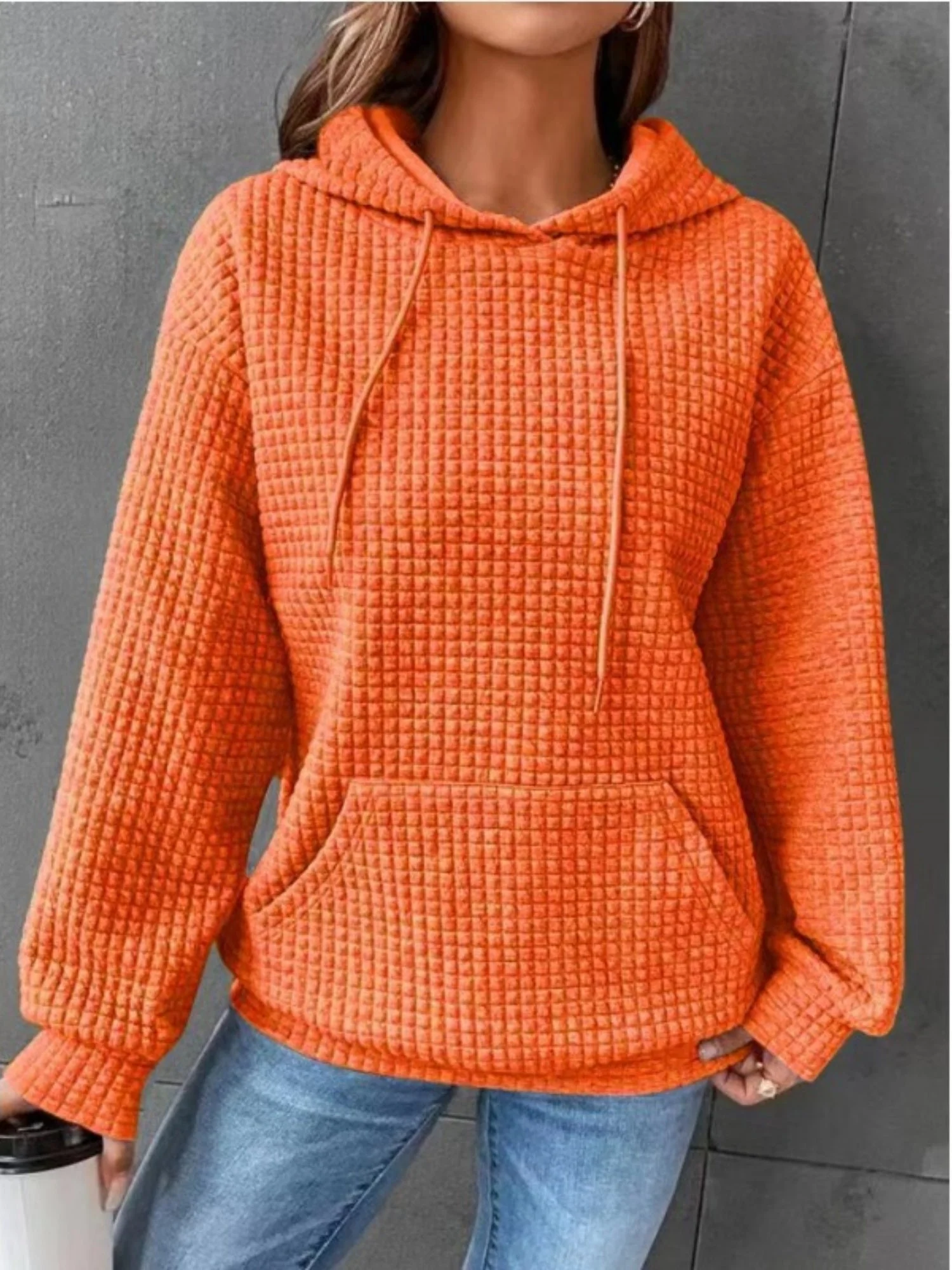 Waffle Drawstring Pocket Round Neck Long Sleeve Hoodie - Image 9