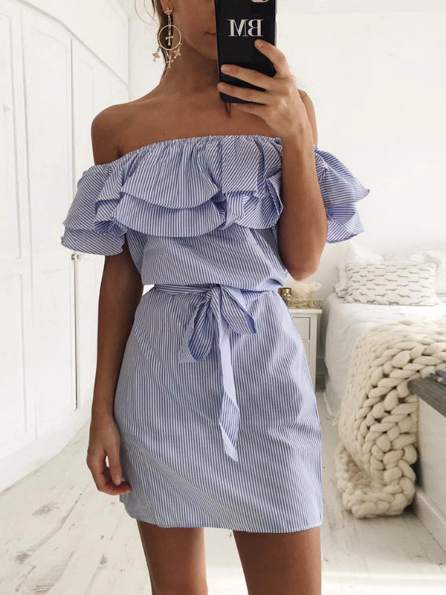Stripes Ruffle Off-shoulder Mini&Short Dresses - Image 2