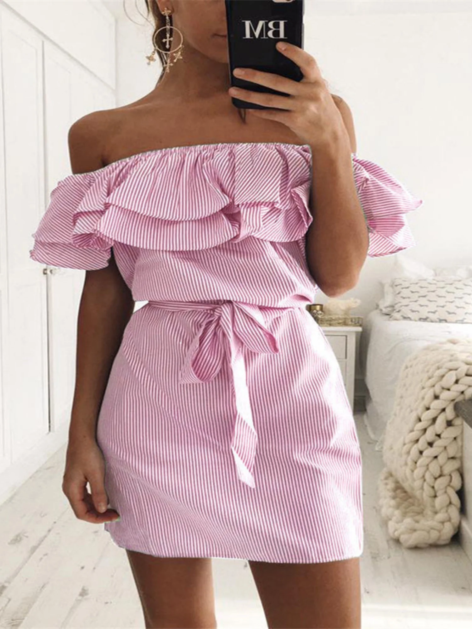 Stripes Ruffle Off-shoulder Mini&Short Dresses - Image 3