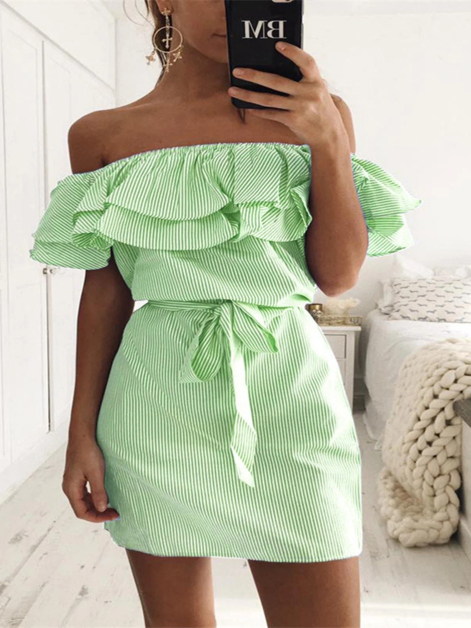 Stripes Ruffle Off-shoulder Mini&Short Dresses - Image 5