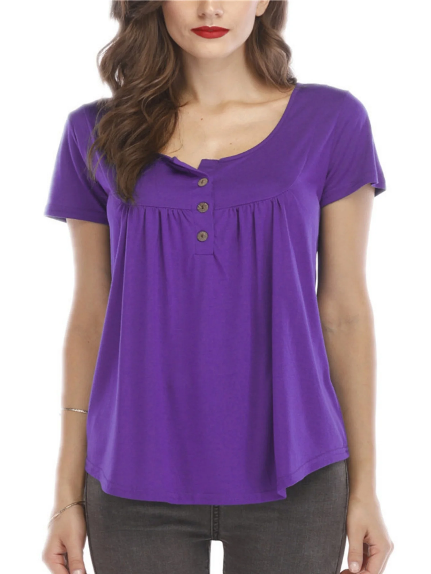 V-neck Pleated Buttons Loose-fit Short-sleeved T-shirt - Image 10