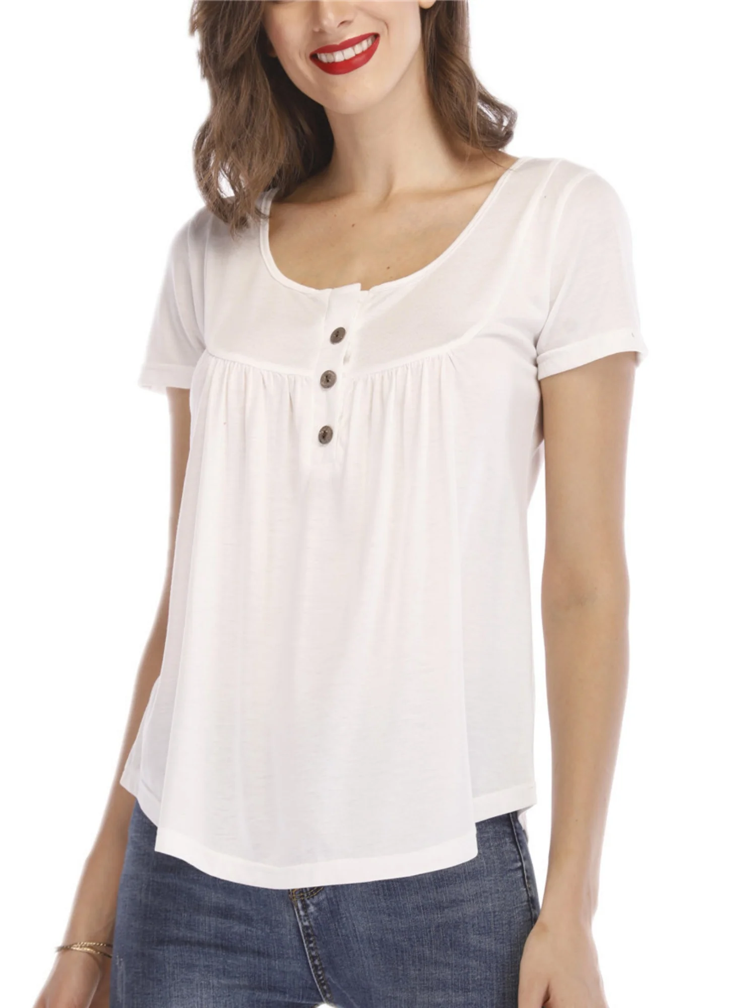 V-neck Pleated Buttons Loose-fit Short-sleeved T-shirt - Image 2