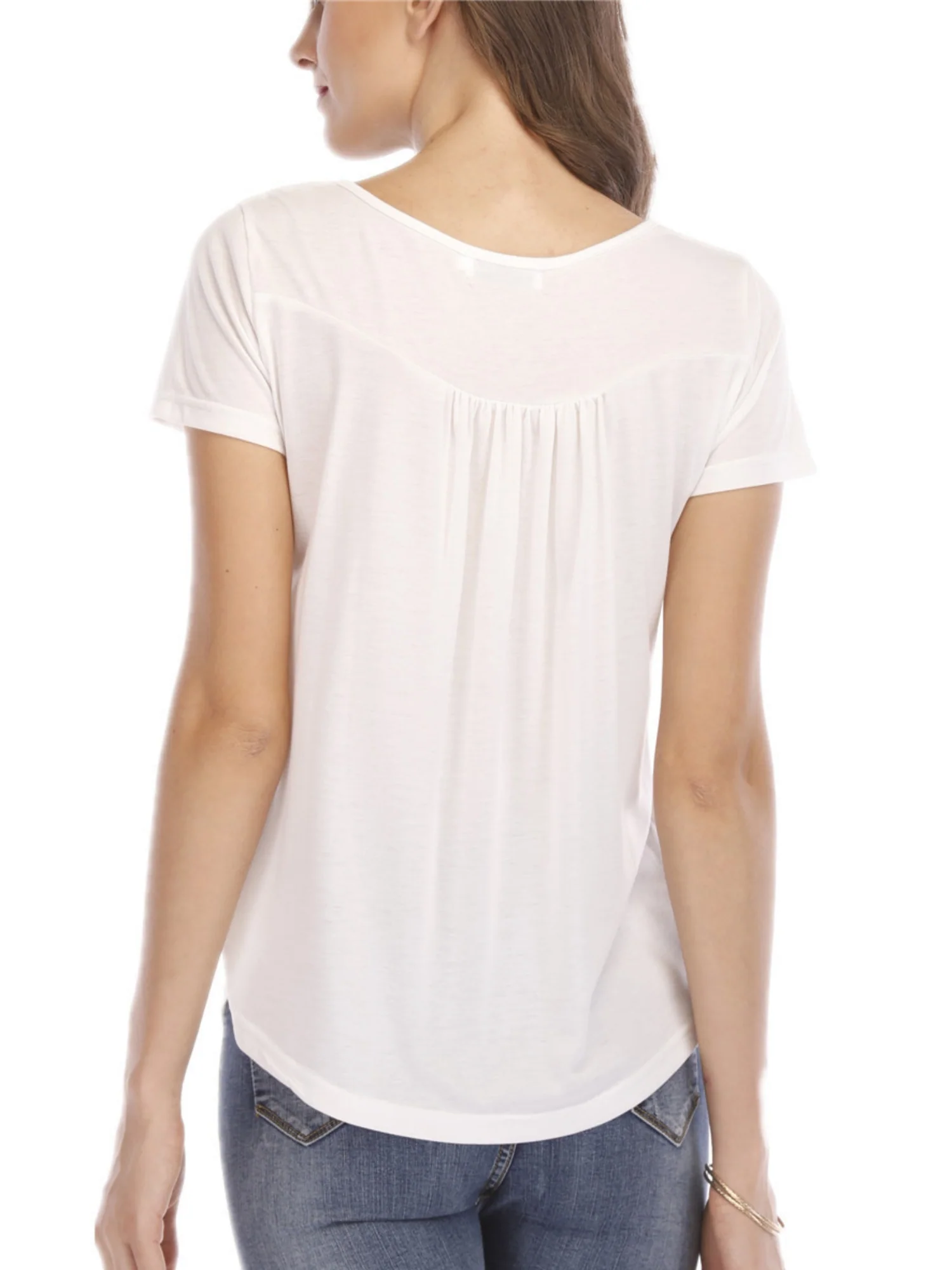 V-neck Pleated Buttons Loose-fit Short-sleeved T-shirt - Image 3
