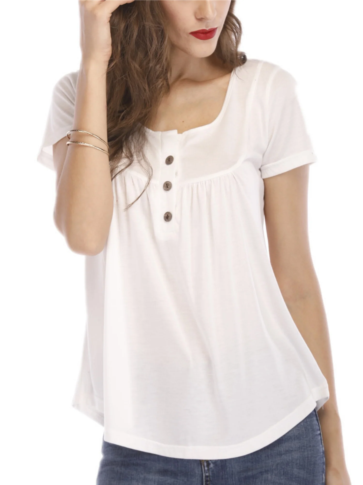 V-neck Pleated Buttons Loose-fit Short-sleeved T-shirt - Image 4