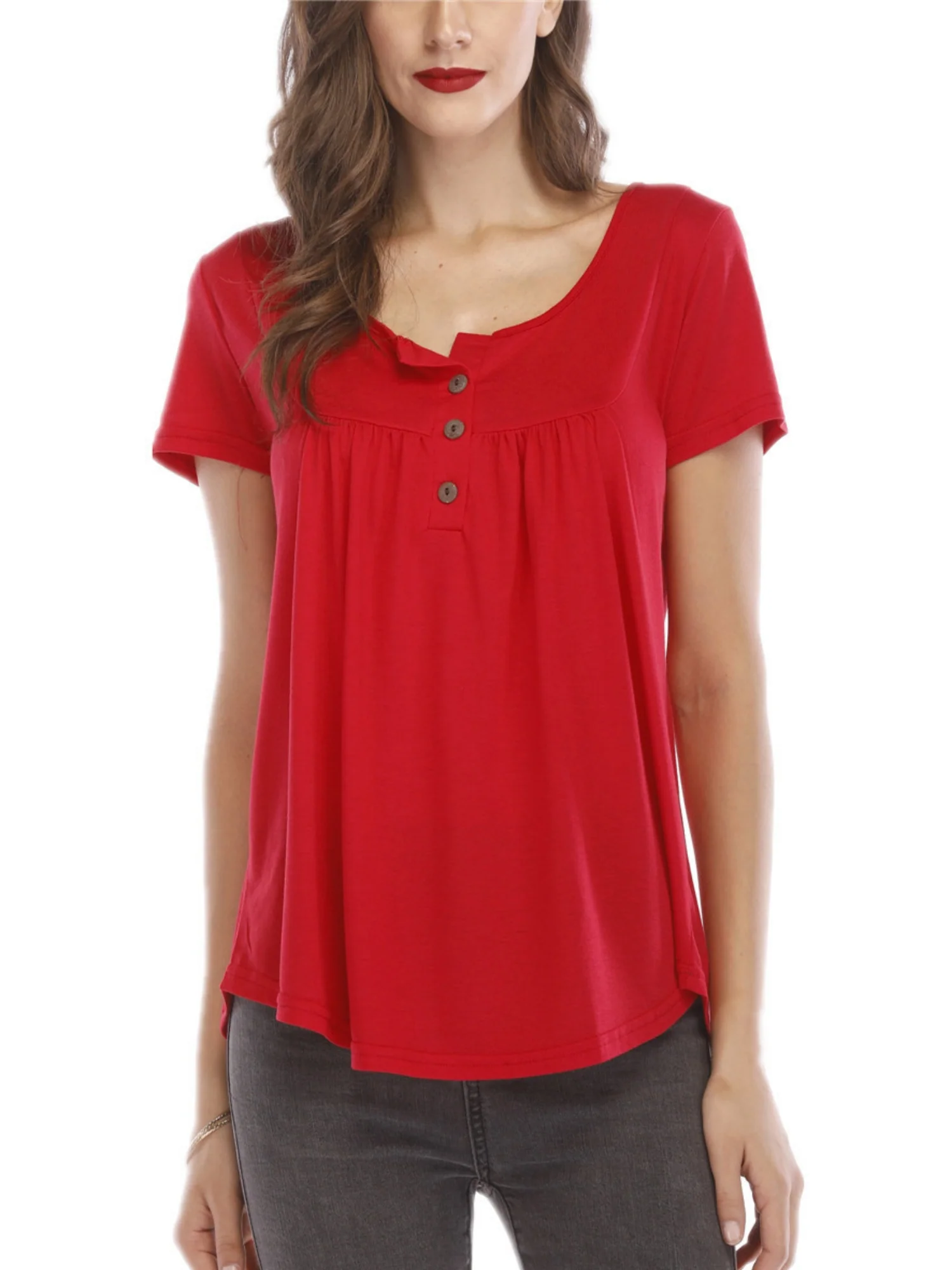 V-neck Pleated Buttons Loose-fit Short-sleeved T-shirt - Image 5