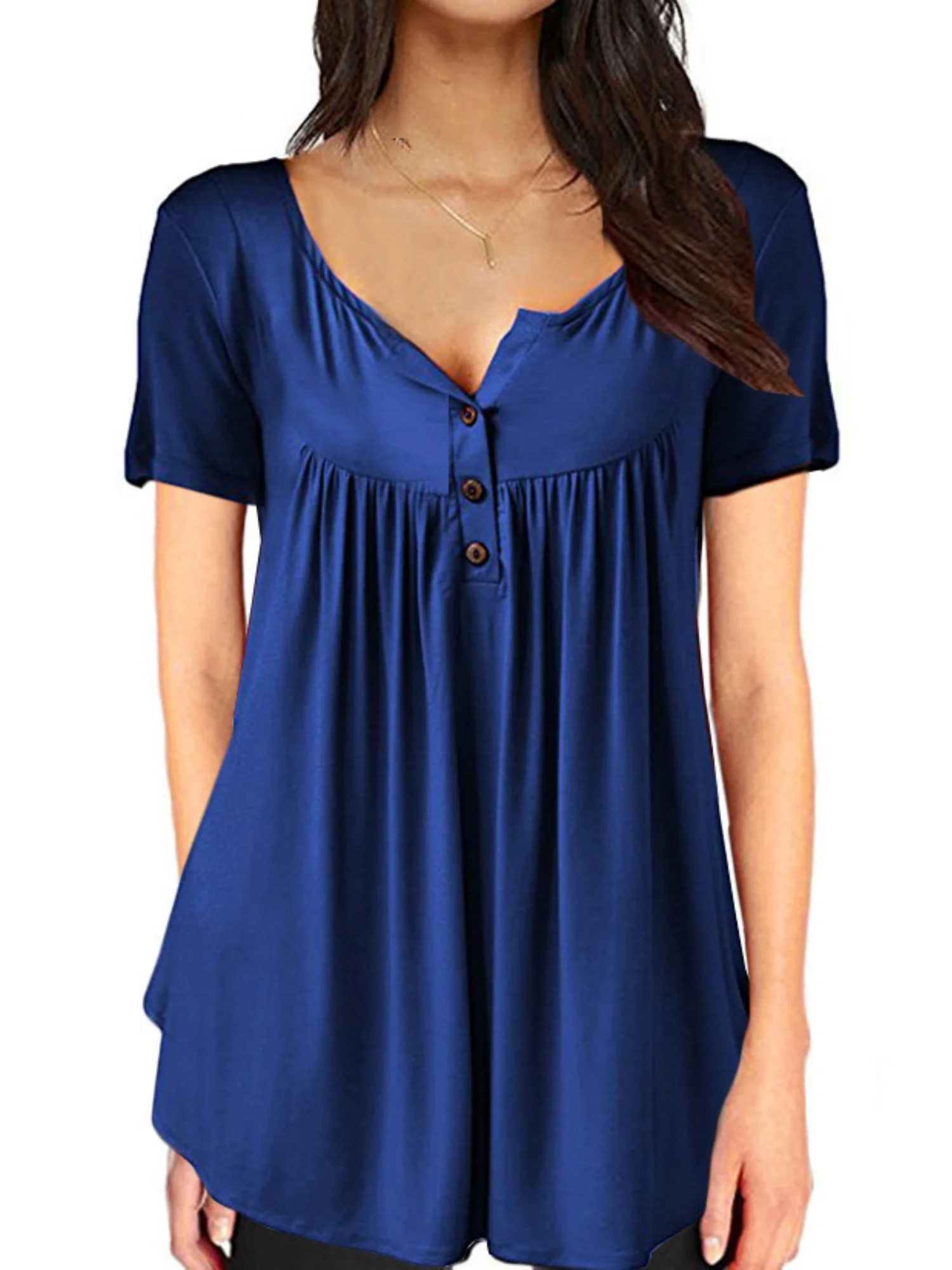 V-neck Pleated Buttons Loose-fit Short-sleeved T-shirt - Image 6