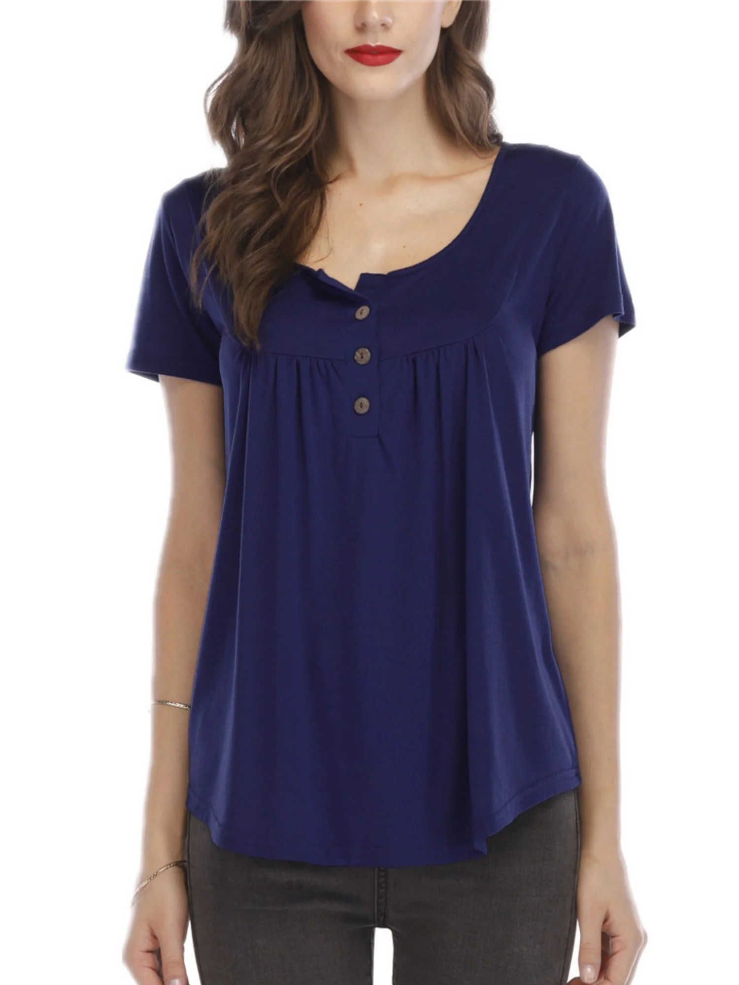 V-neck Pleated Buttons Loose-fit Short-sleeved T-shirt - Image 7