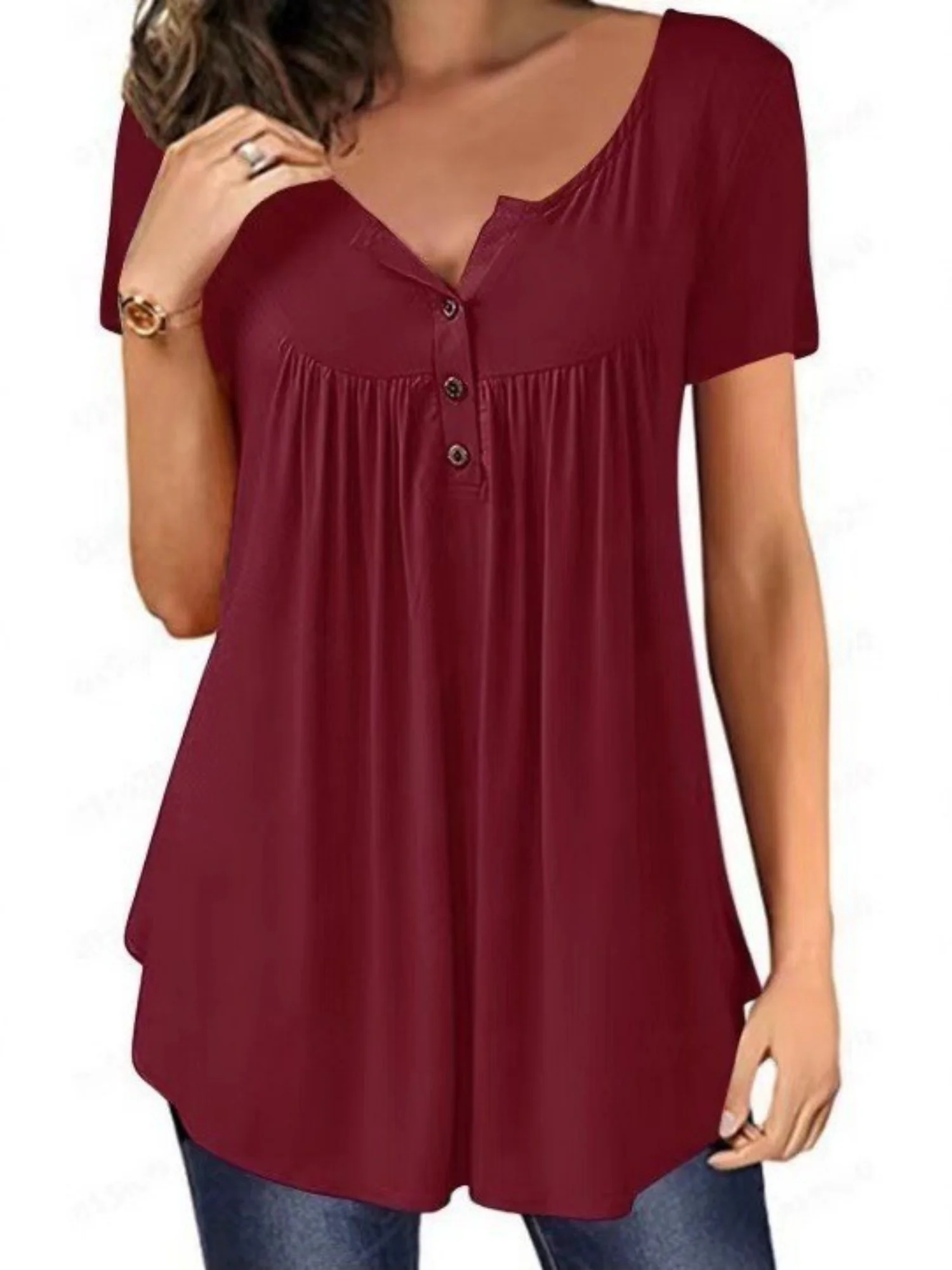 V-neck Pleated Buttons Loose-fit Short-sleeved T-shirt - Image 8