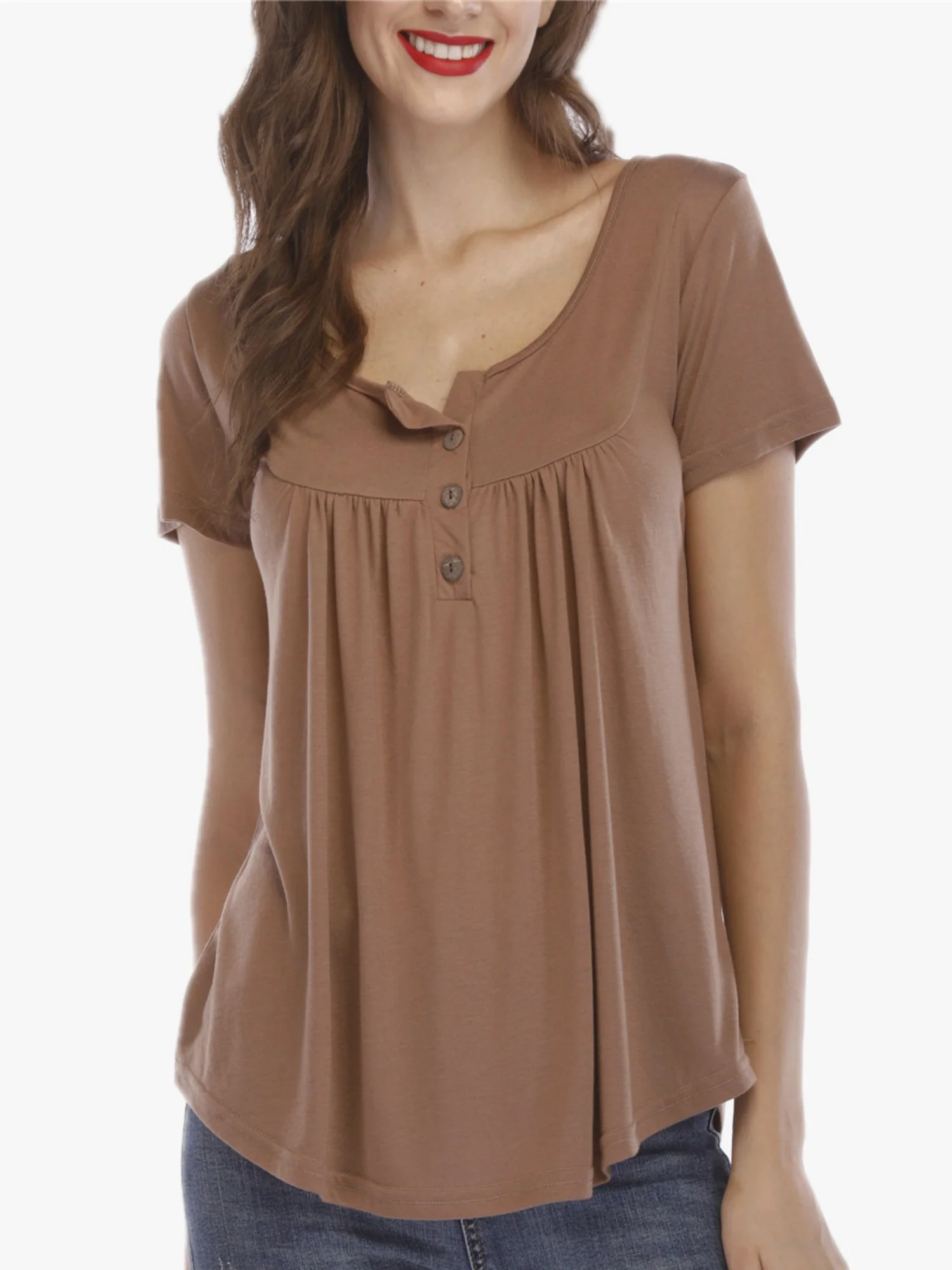 V-neck Pleated Buttons Loose-fit Short-sleeved T-shirt - Image 9