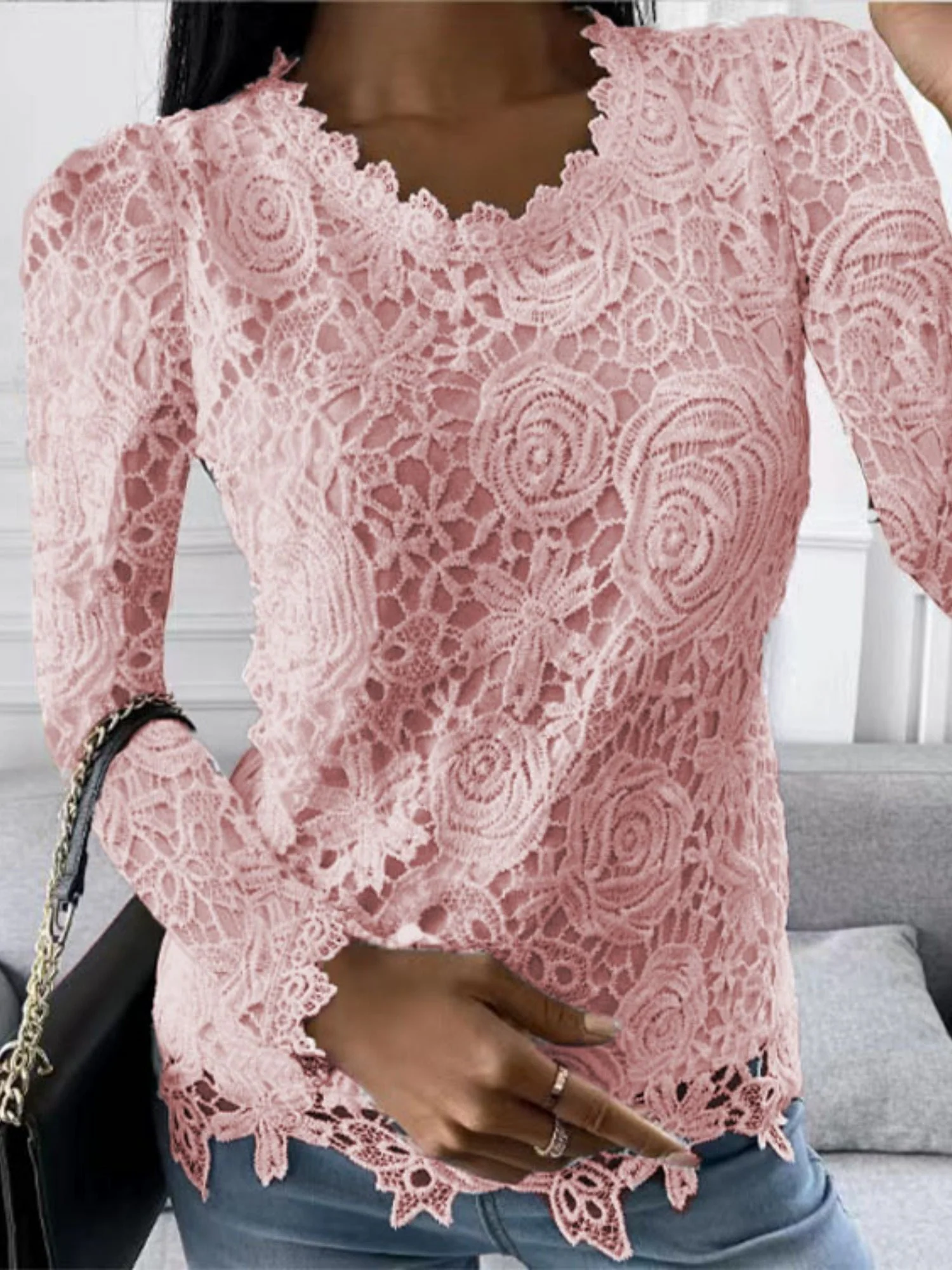 Lace Rose Openwork Round Neck Long Sleeve T-shirts - Image 2