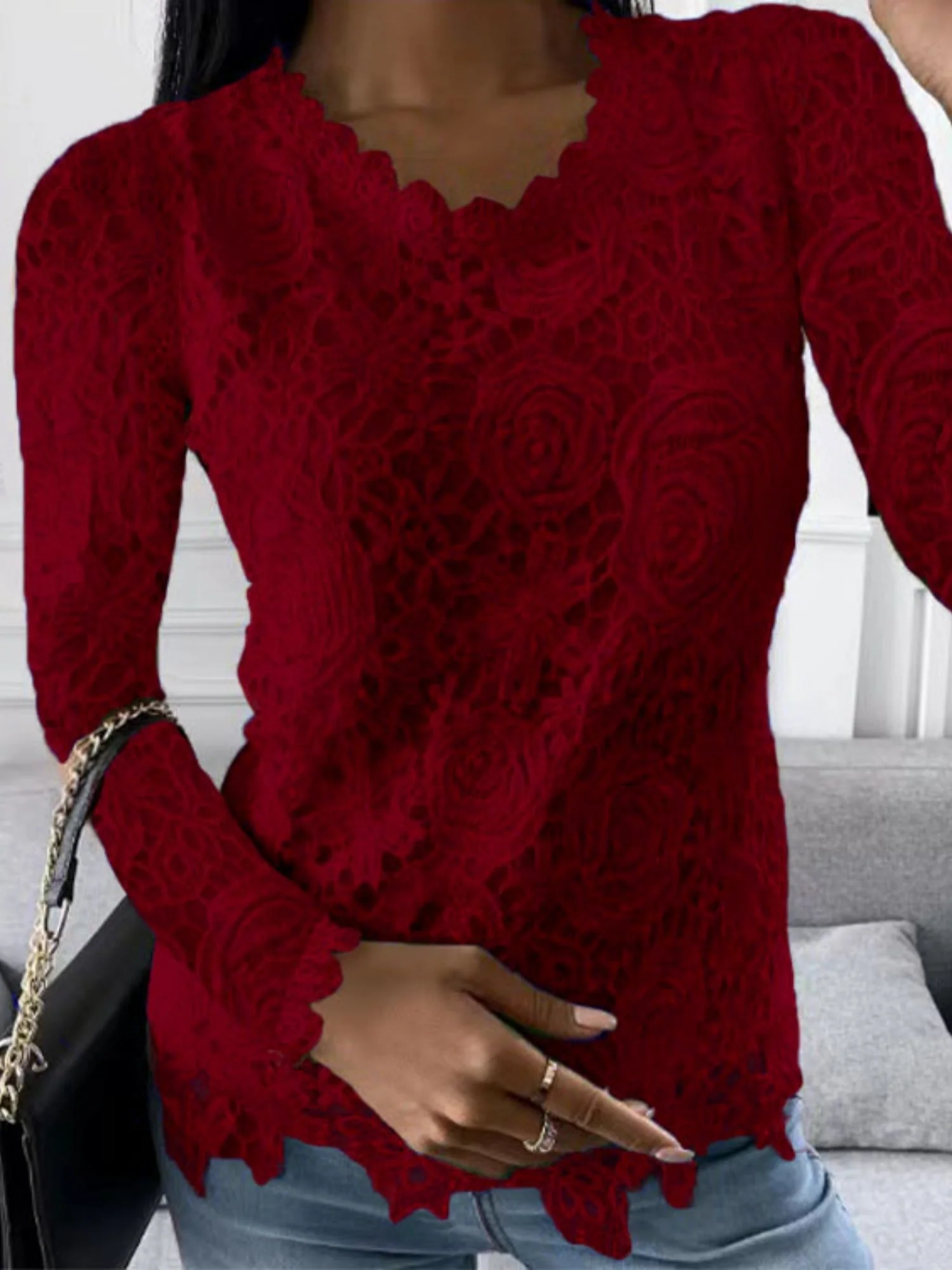 Lace Rose Openwork Round Neck Long Sleeve T-shirts - Image 3
