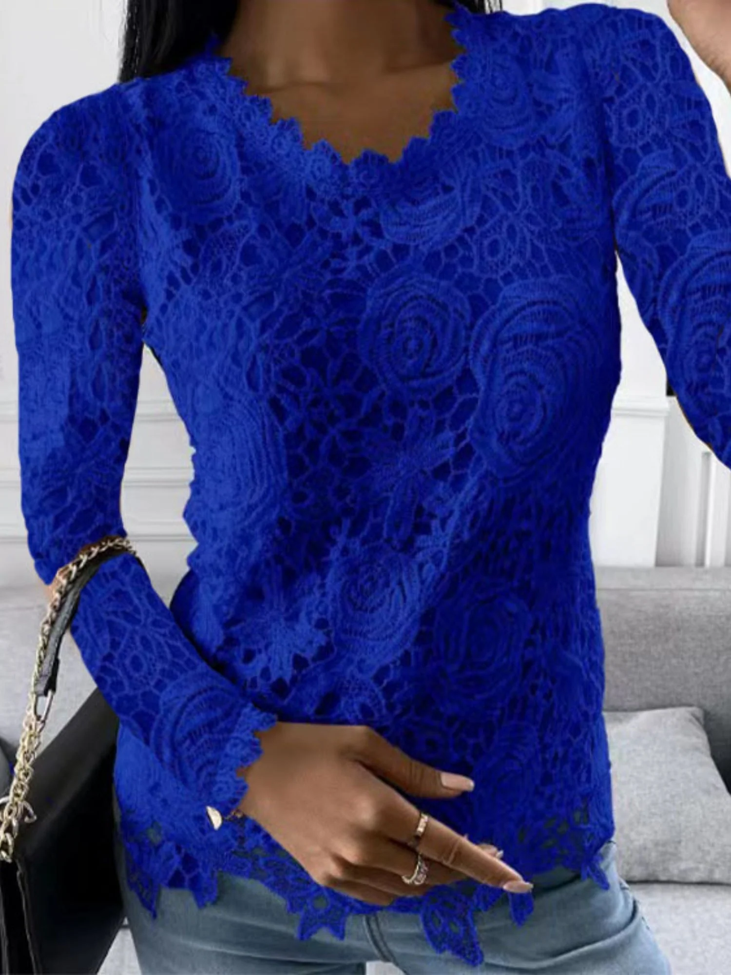 Lace Rose Openwork Round Neck Long Sleeve T-shirts - Image 4