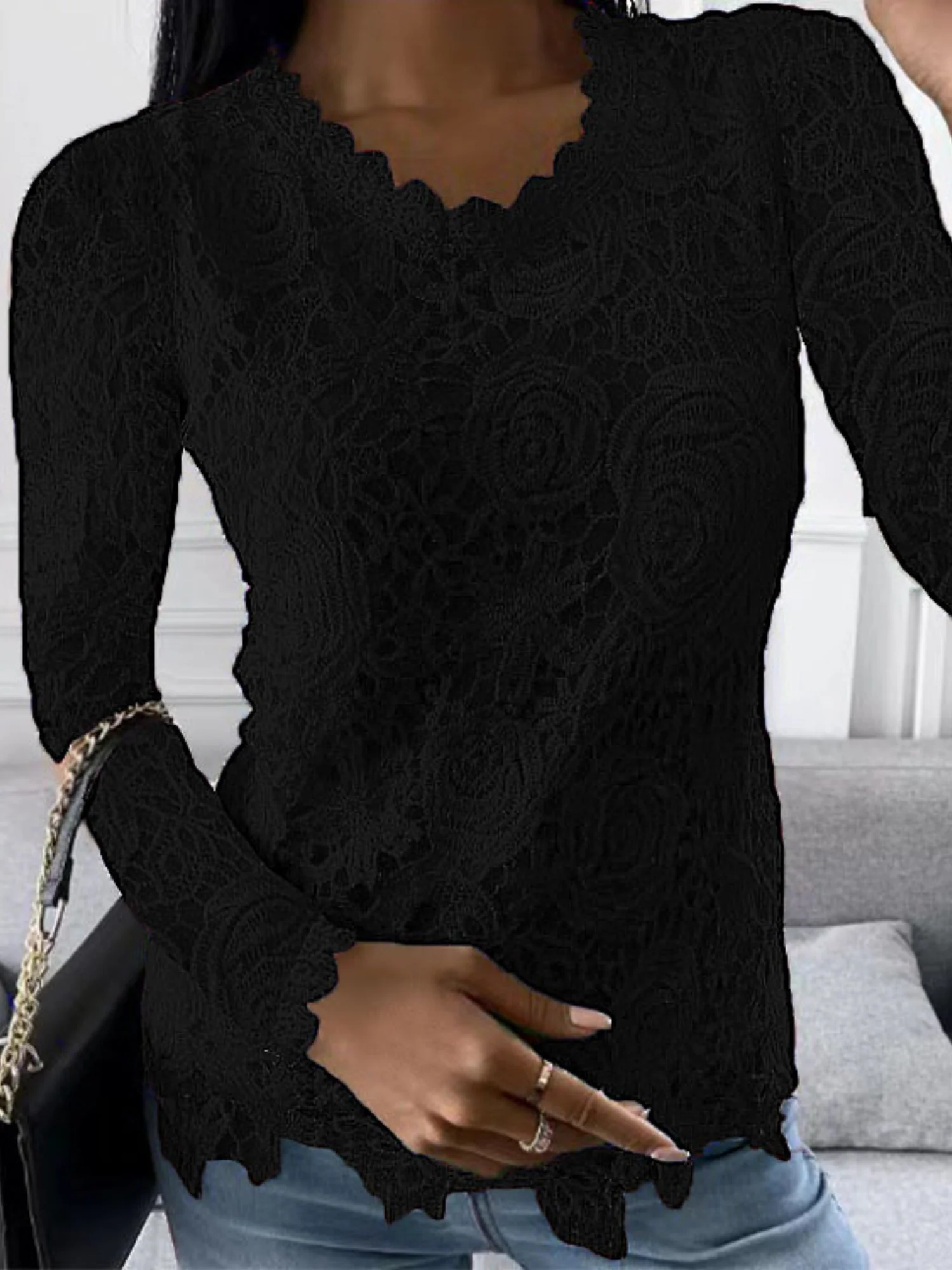 Lace Rose Openwork Round Neck Long Sleeve T-shirts - Image 5