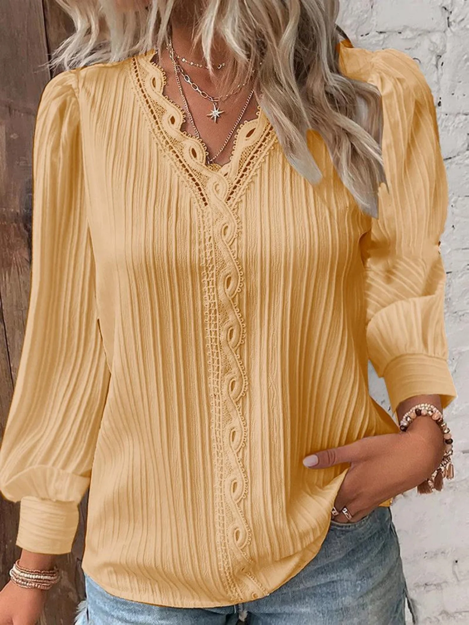 Lace Trim V-neck Long Sleeve Shirt T-shirts - Image 5
