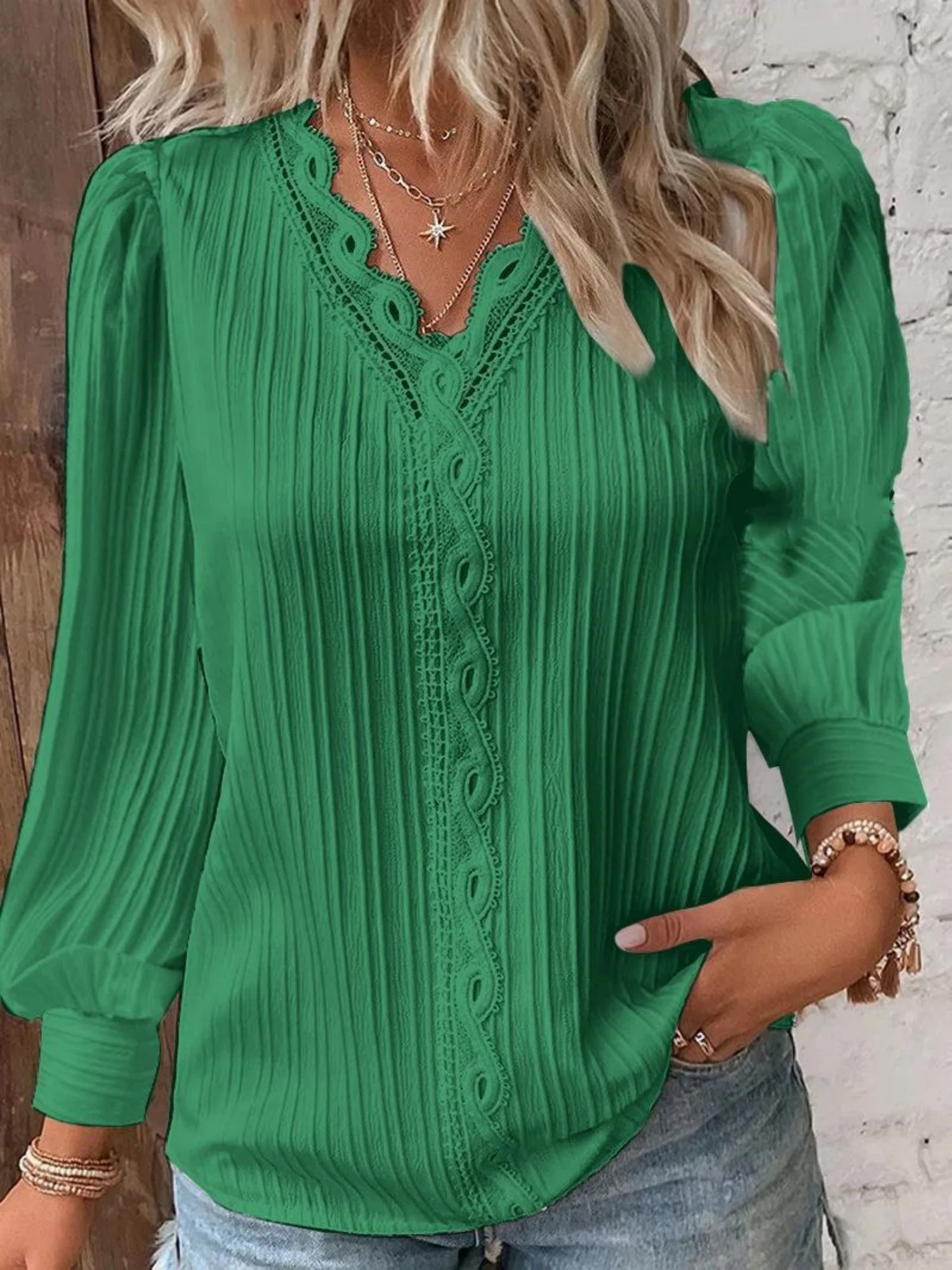 Lace Trim V-neck Long Sleeve Shirt T-shirts - Image 6