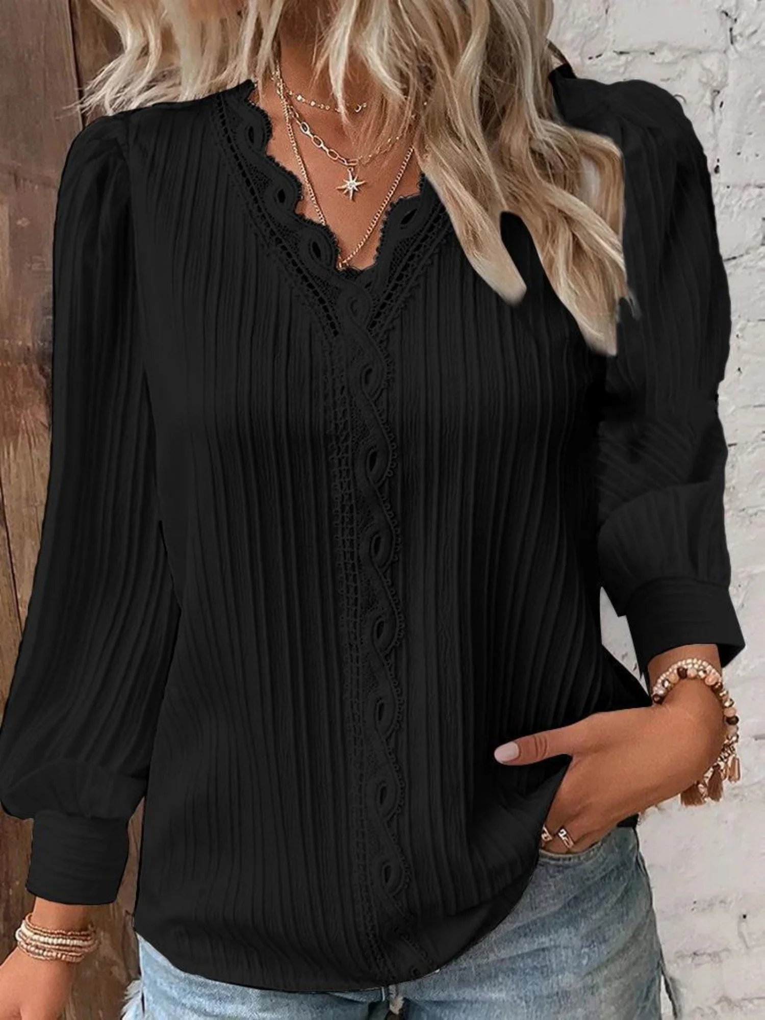 Lace Trim V-neck Long Sleeve Shirt T-shirts - Image 7