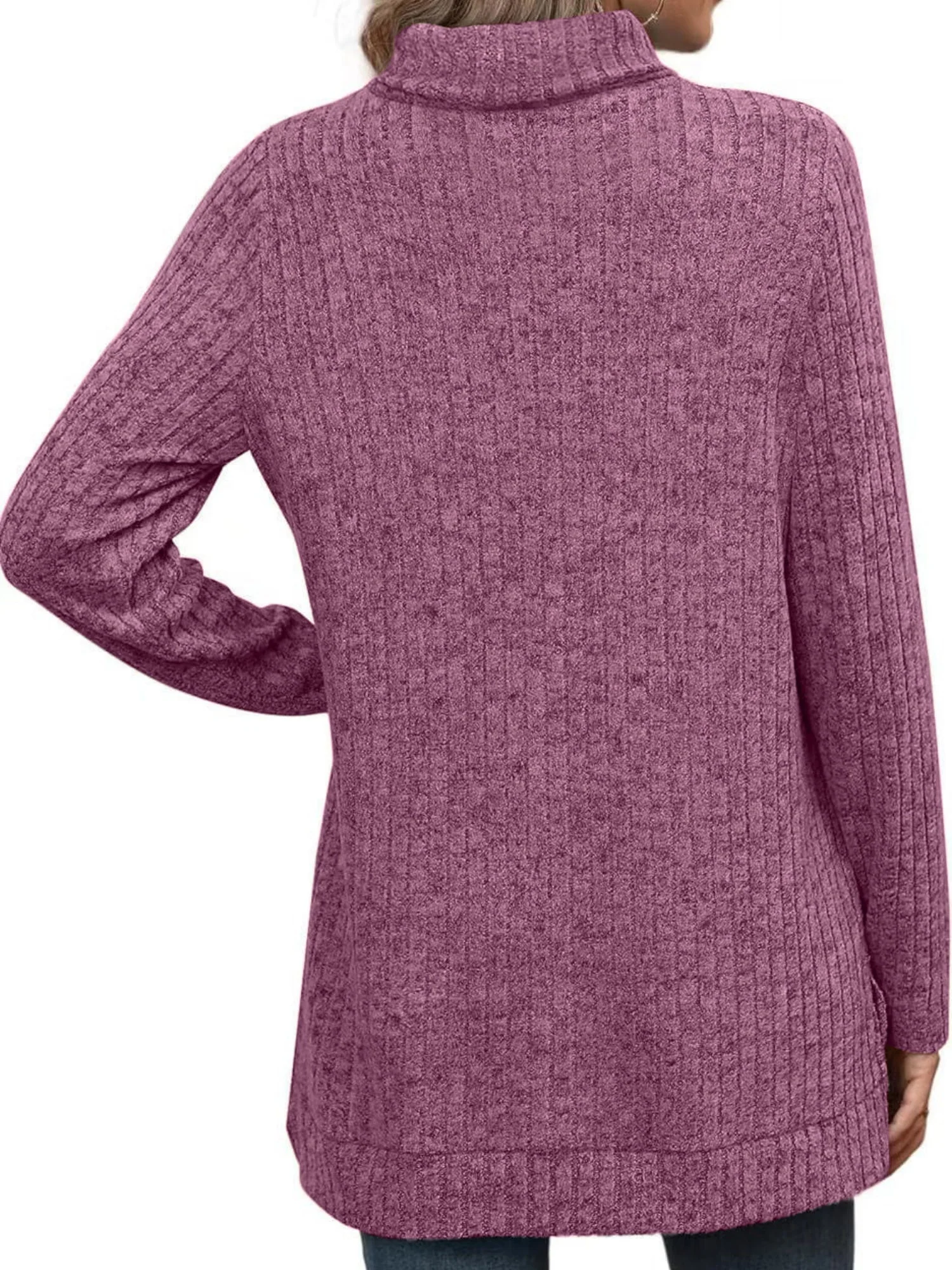 Threaded Groove Strip High Neck With Slits Long Sleeves T-shirts - Image 2