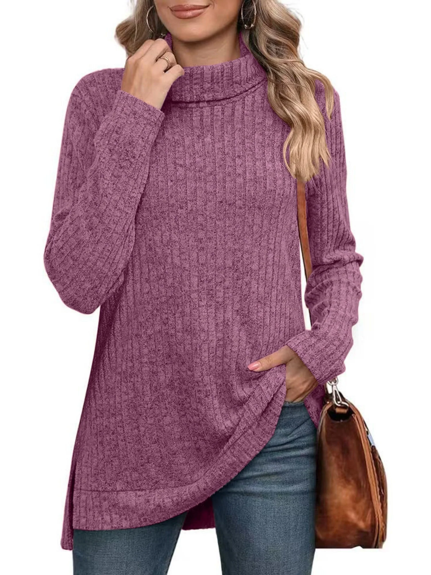 Threaded Groove Strip High Neck With Slits Long Sleeves T-shirts - Image 3