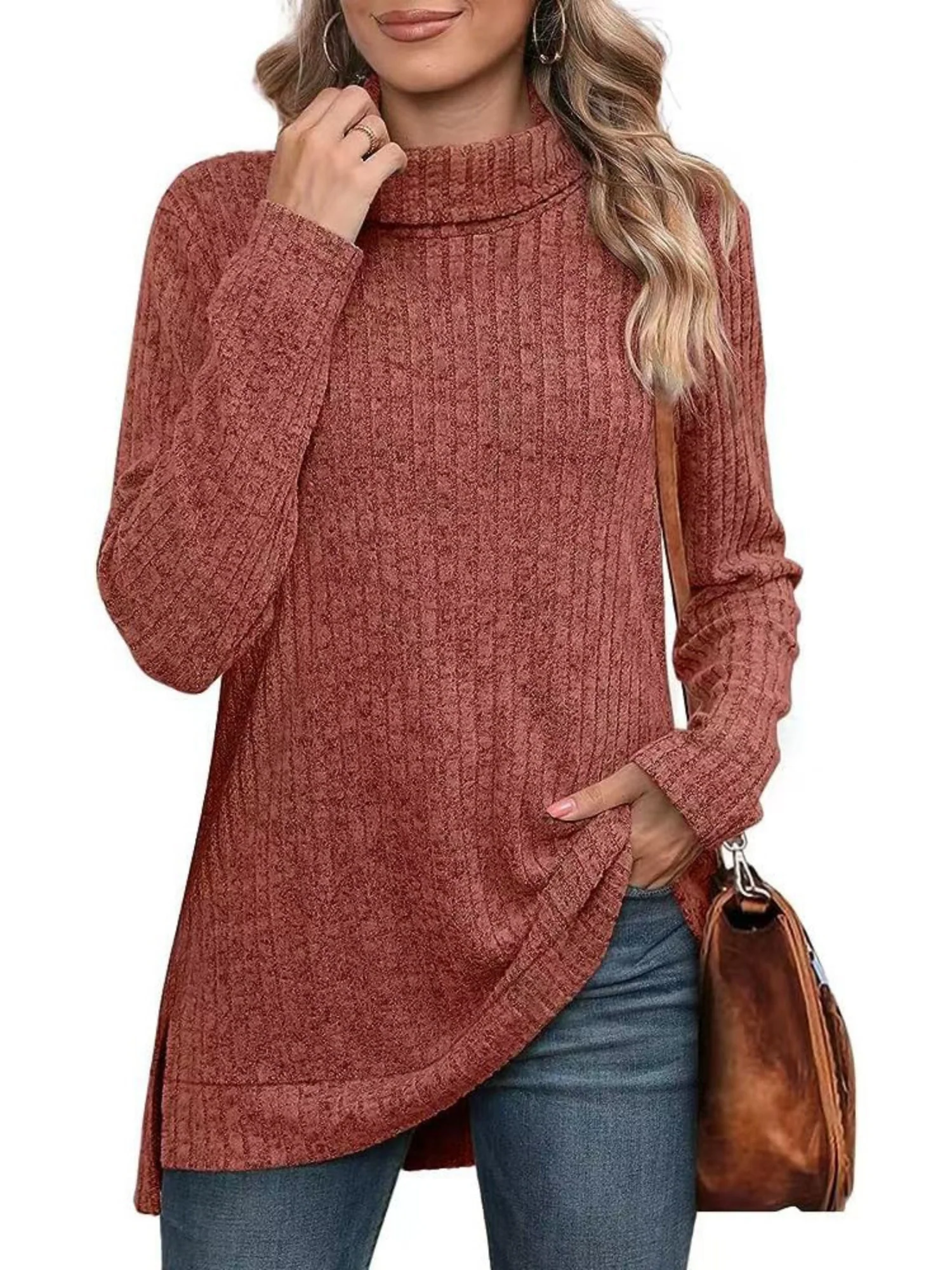 Threaded Groove Strip High Neck With Slits Long Sleeves T-shirts - Image 4