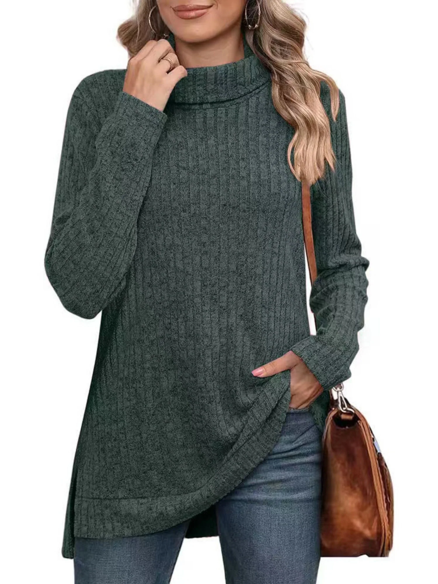Threaded Groove Strip High Neck With Slits Long Sleeves T-shirts - Image 5