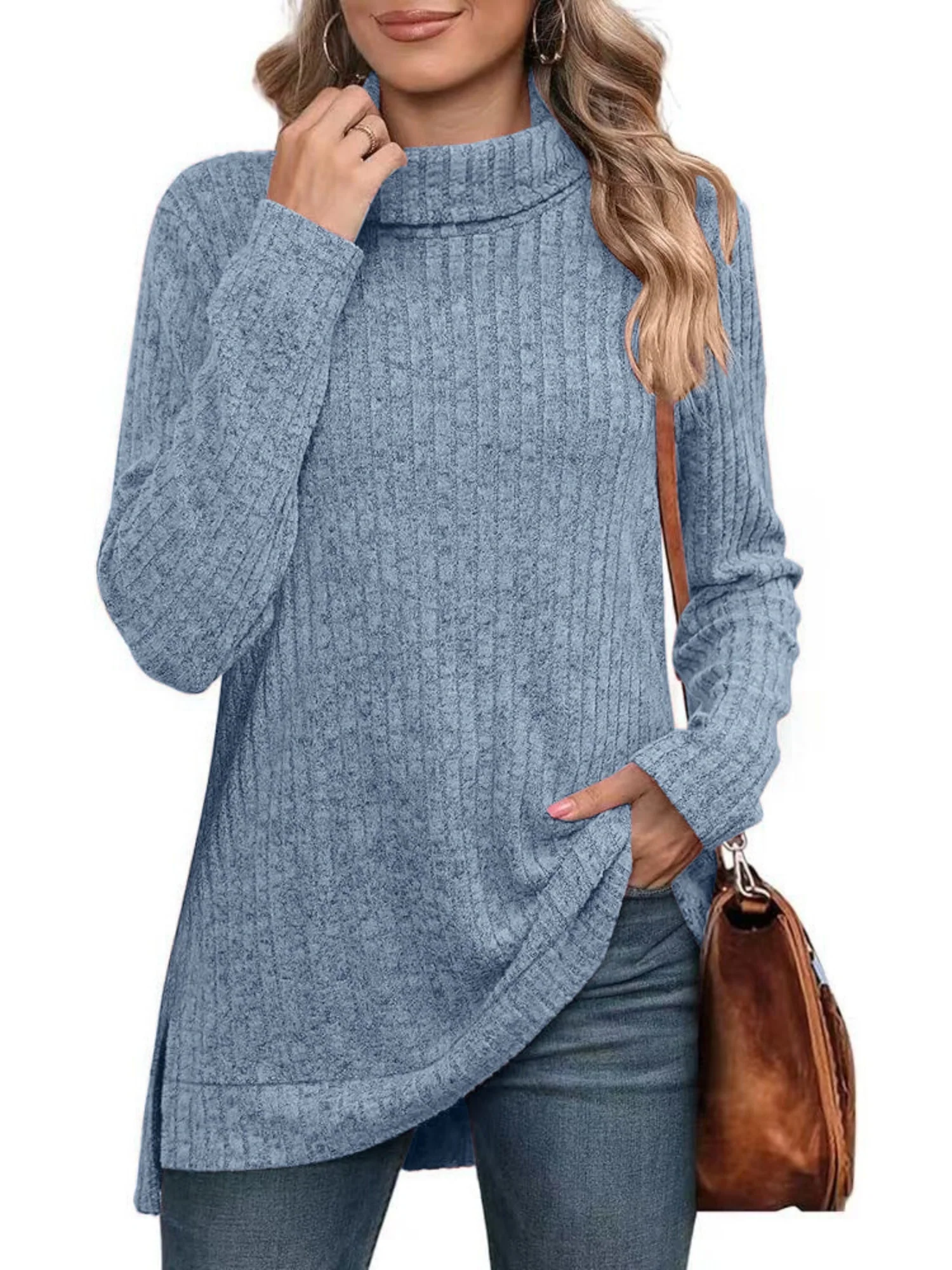 Threaded Groove Strip High Neck With Slits Long Sleeves T-shirts - Image 6