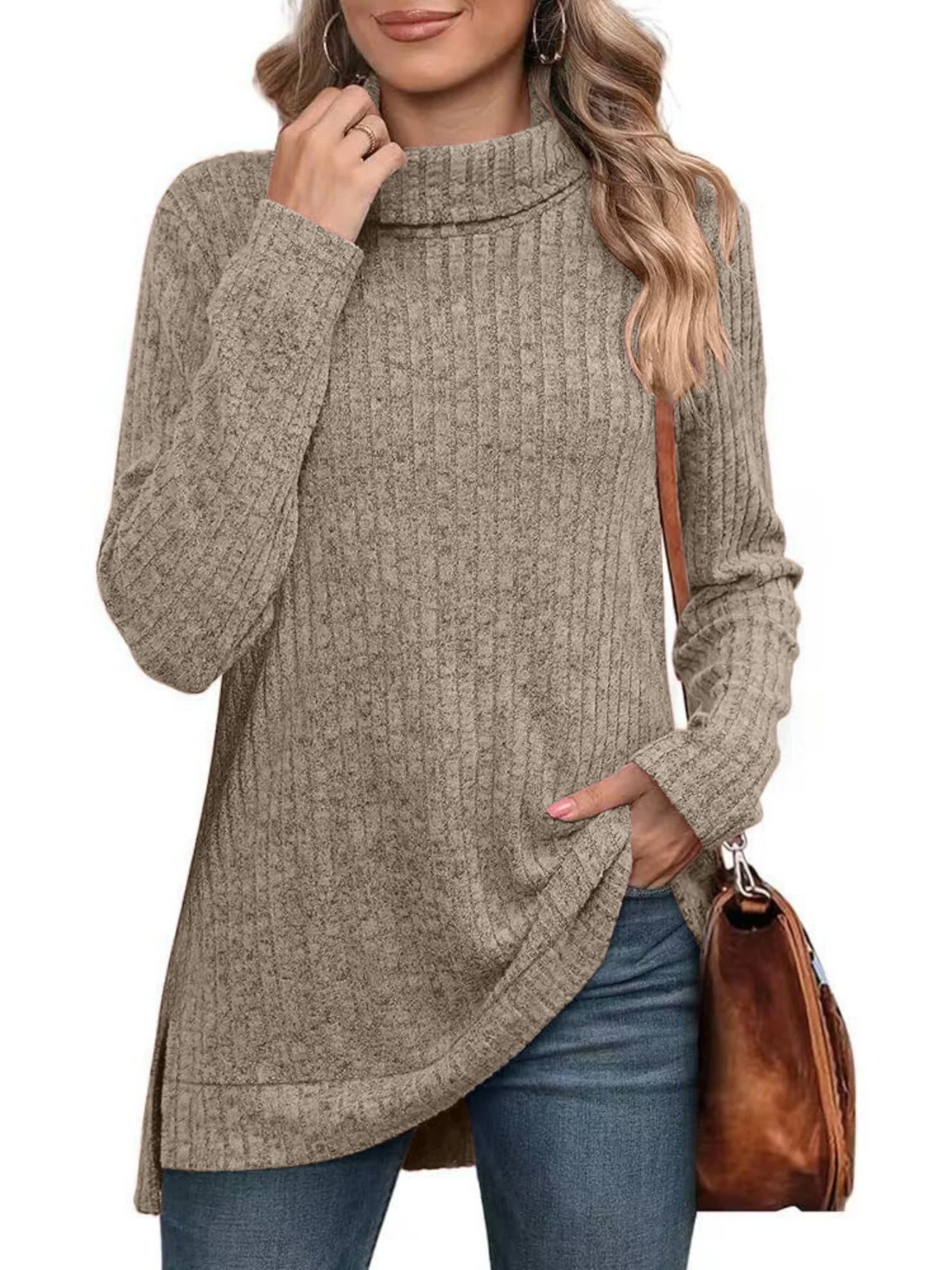 Threaded Groove Strip High Neck With Slits Long Sleeves T-shirts - Image 7