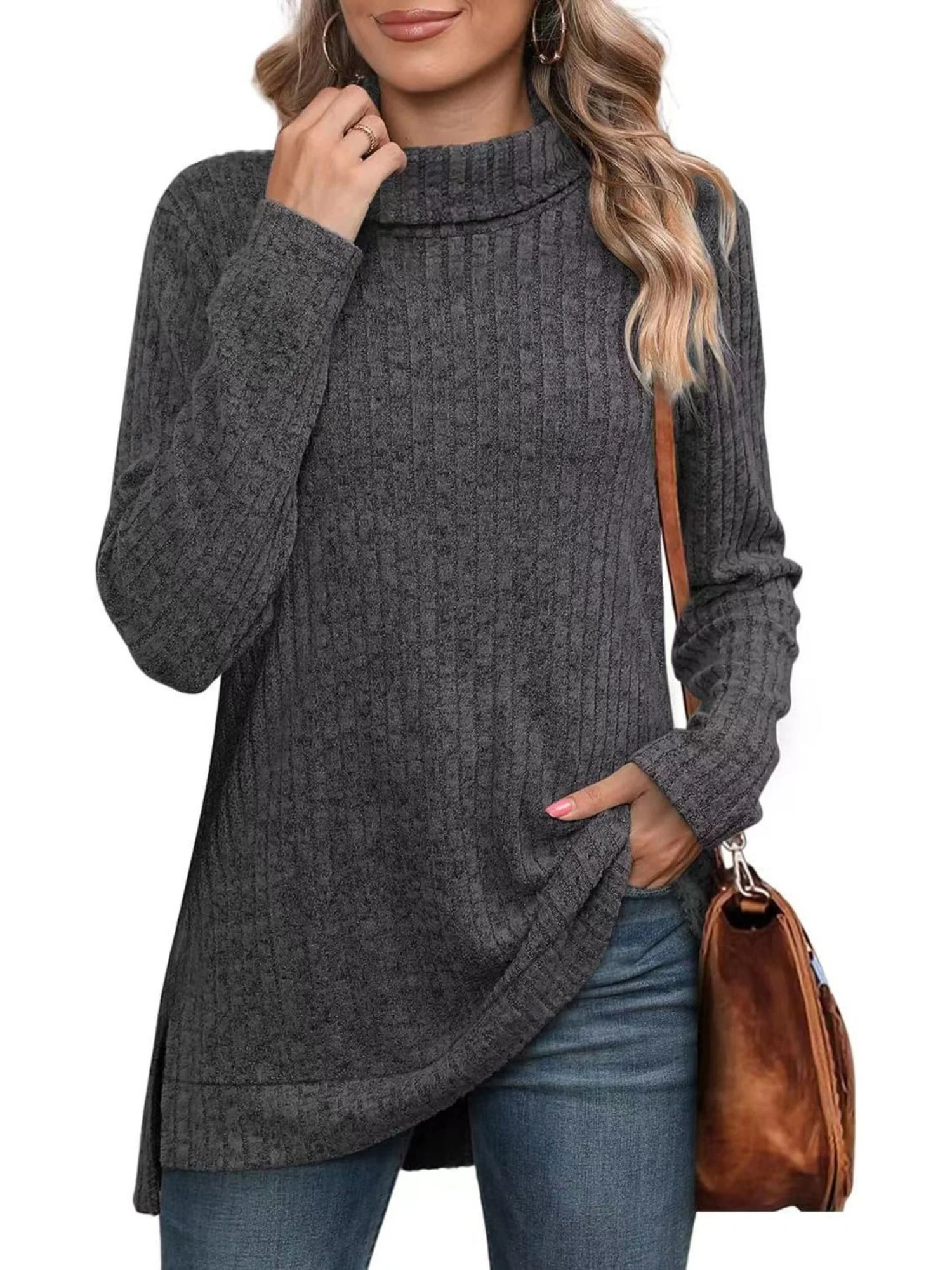 Threaded Groove Strip High Neck With Slits Long Sleeves T-shirts - Image 8