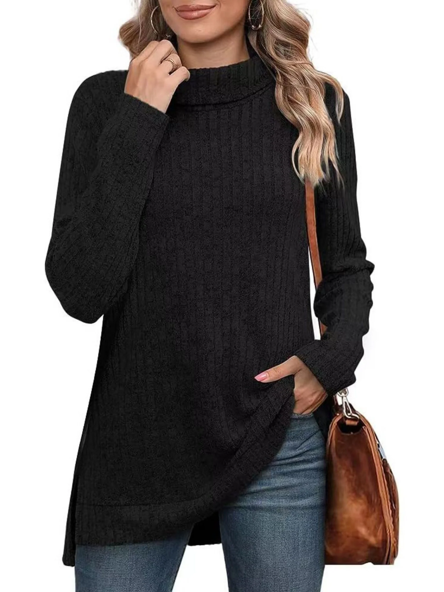 Threaded Groove Strip High Neck With Slits Long Sleeves T-shirts - Image 9