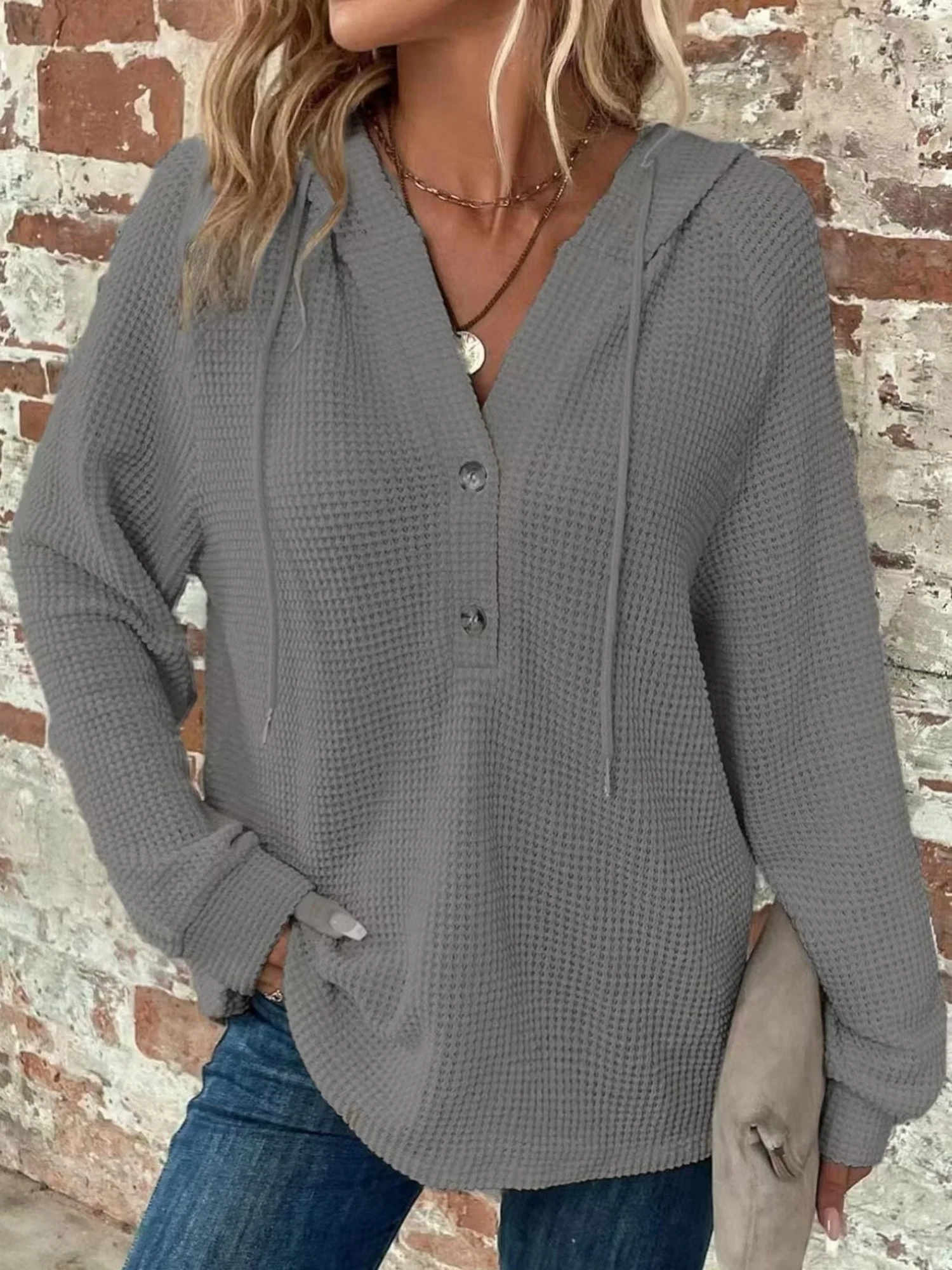 Waffle Drawstring Buttons V-neck Long Sleeve Hoodie - Image 10