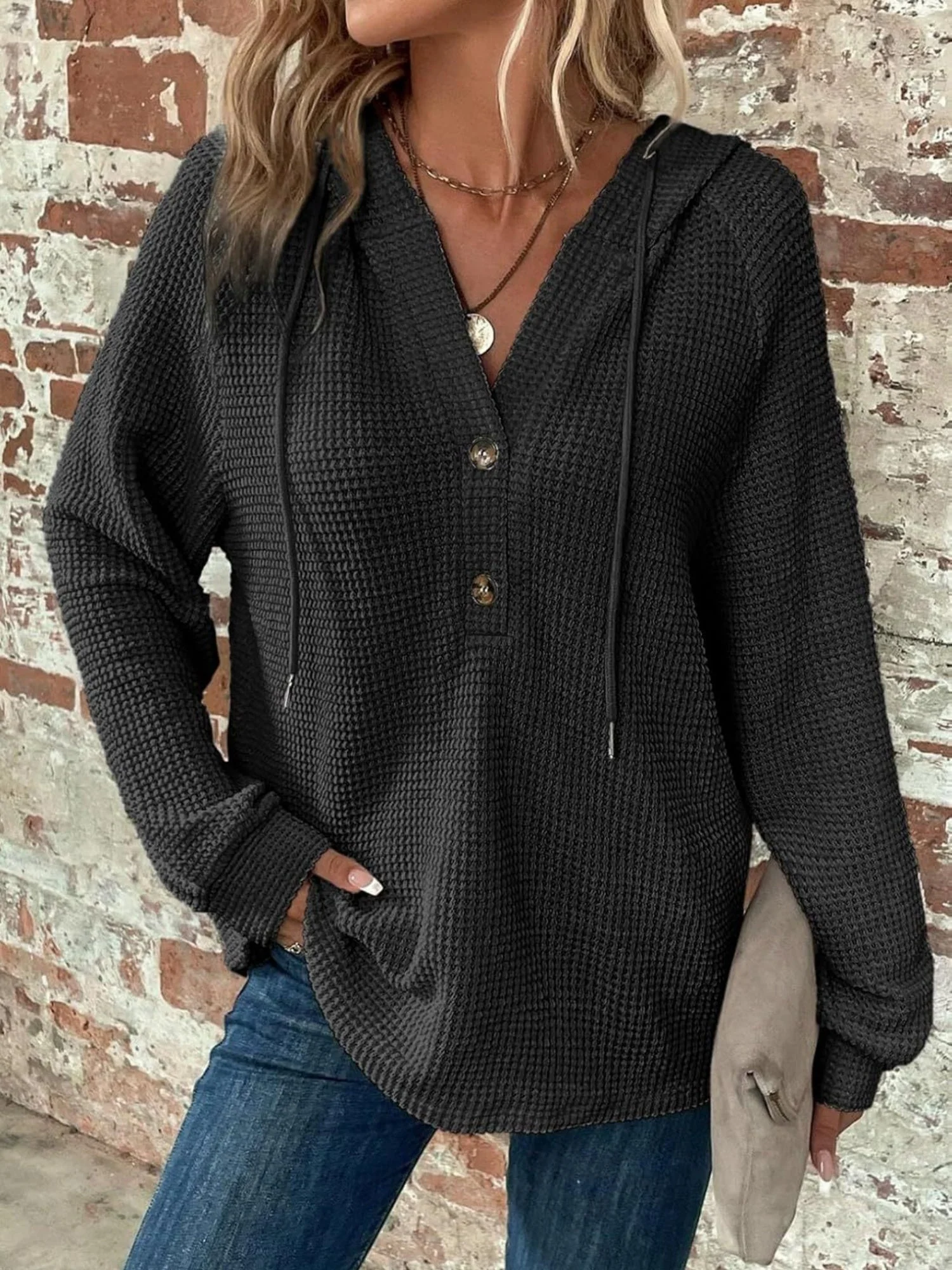 Waffle Drawstring Buttons V-neck Long Sleeve Hoodie - Image 11