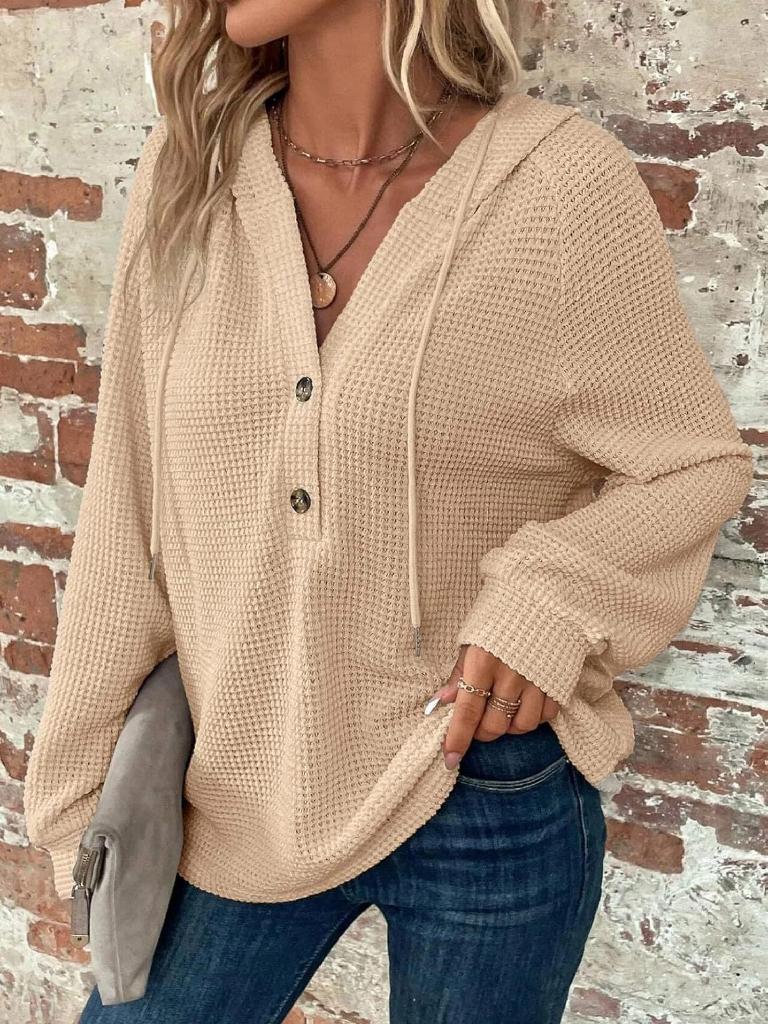 Waffle Drawstring Buttons V-neck Long Sleeve Hoodie - Image 2